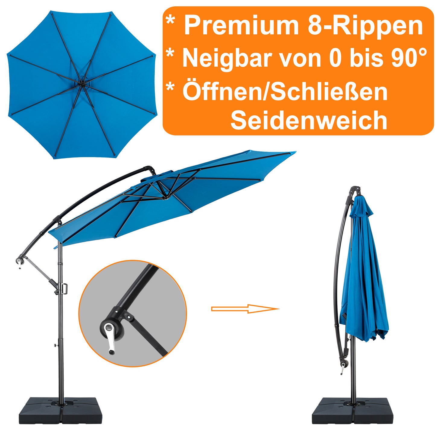 RANSENERS Ampelschirm 300cm mit Schirmständer, Sonnenschirm mit Stabiler Rahmen und 8-Rippen, UV 50+ für Garten, Terrasse, Kaffeehaus im Freien, Dunkelblau