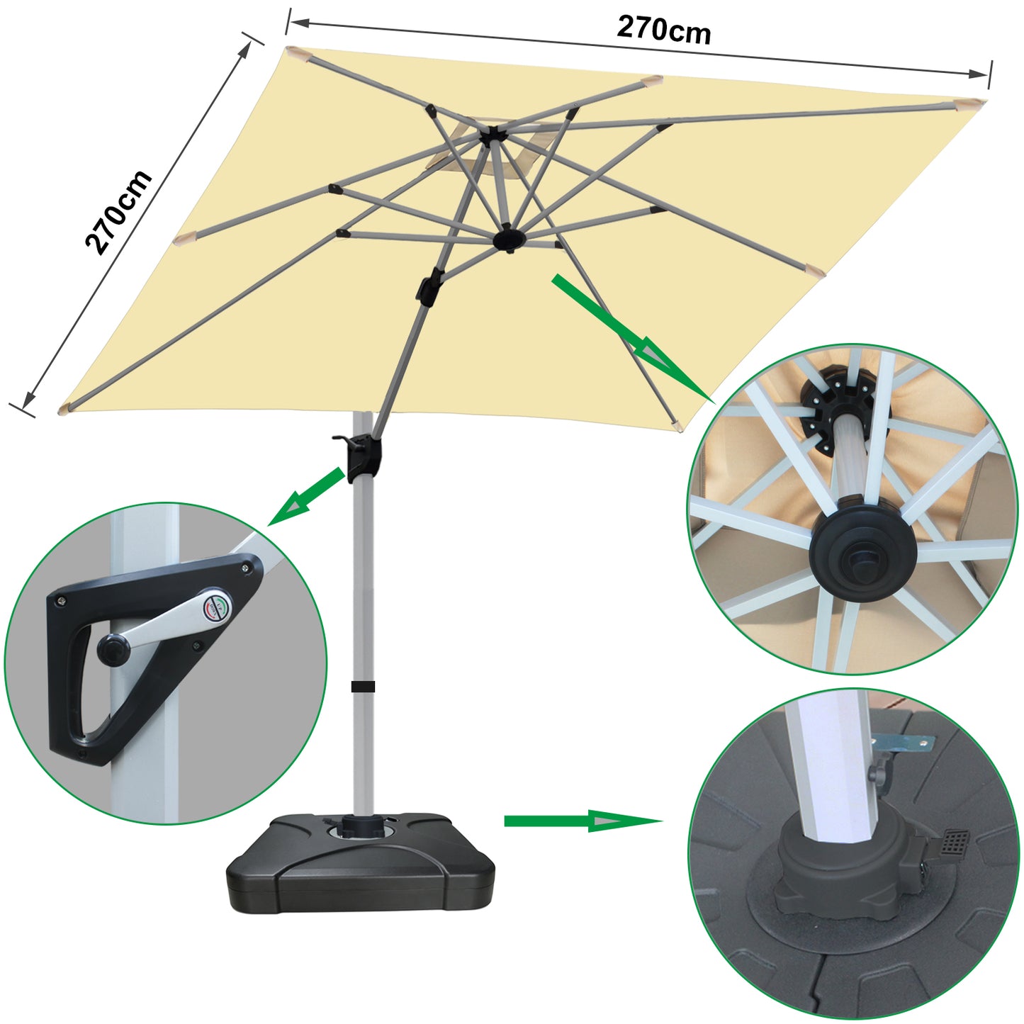 RANSENERS Premium Ampelschirm 270 x 270 cm mit Schirmständer, Aluminium Rahmen, 360° Drehbar, Neigbar 0°-90°, 240 g/m² Extra-Dicker Gewebe mit UV50+, für Garten, Kaffeehaus im Freien