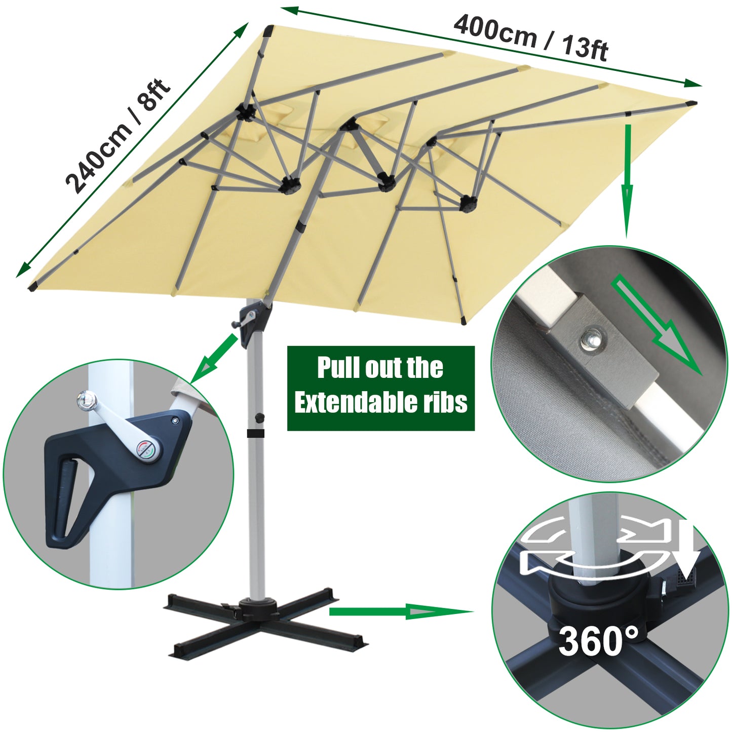 RANSENERS Doppel Ampelschirm, Rechteckig 400x240cm, mit 360° Drehbar, UV-Schutz UPF50+ (Creme)