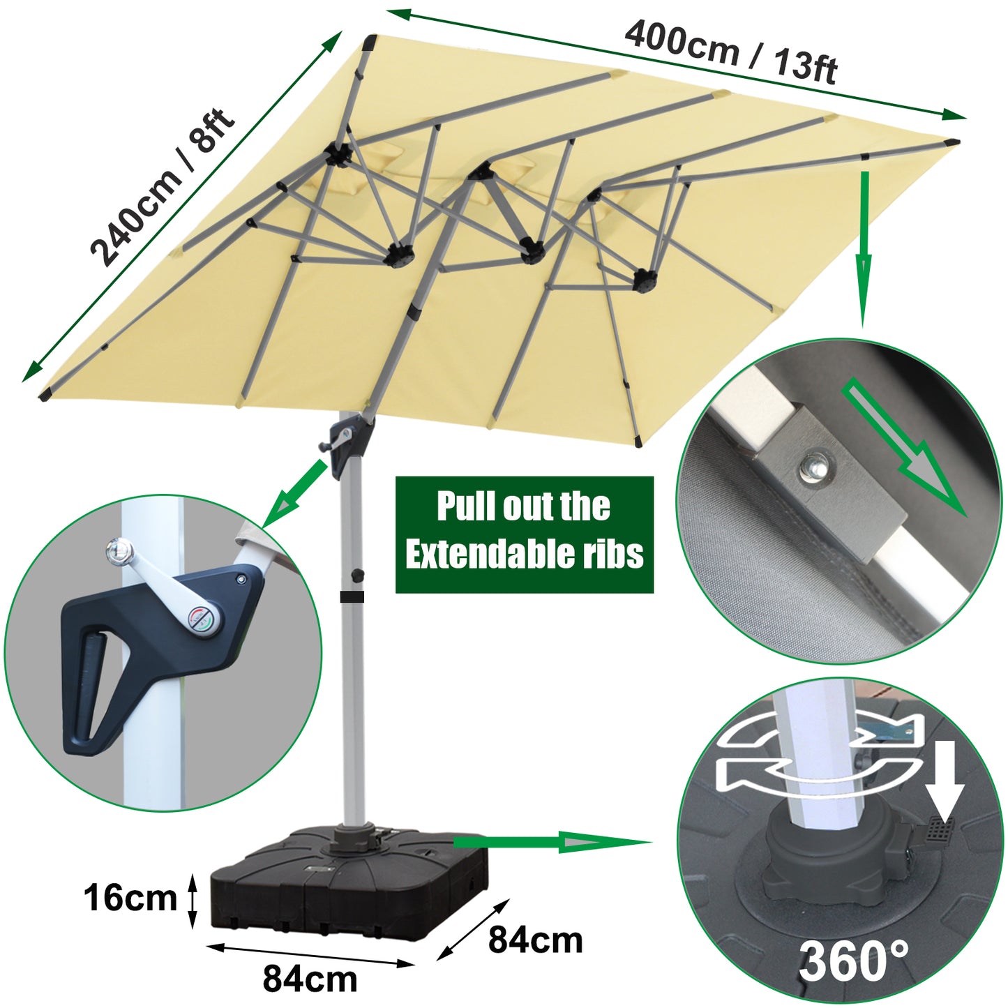 RANSENERS Doppel Ampelschirm mit Schirmständer, Rechteckig 400x240cm, mit 360° Drehbar, UV-Schutz UPF50+ (Creme)