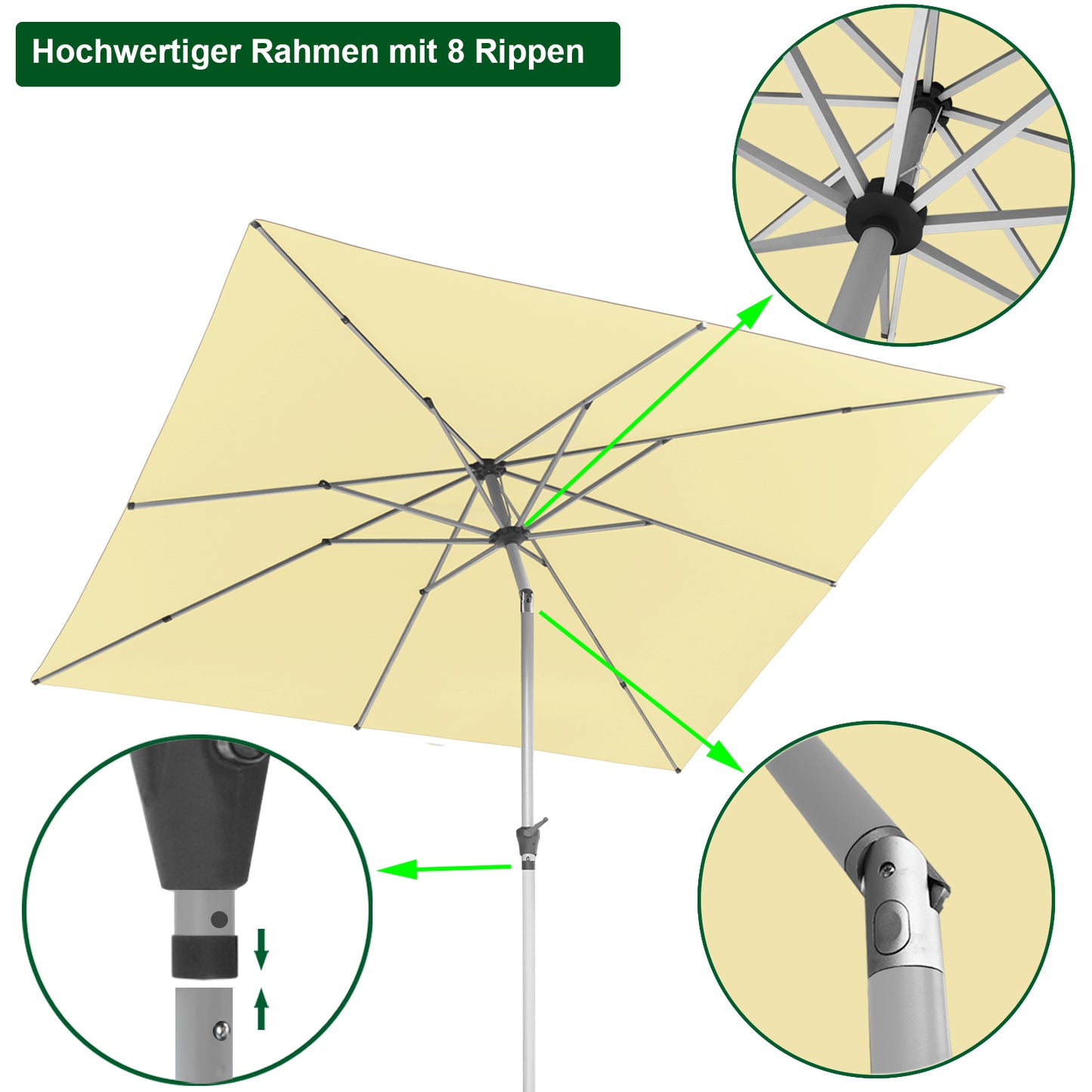 RANSENERS Kippbarer Sonnenschirm mit Schirmständer, Quadratisch 250 x 250 cm, Gartenschirm mit 8 Rippe, UV-Schutz UPF50+ (Creme)