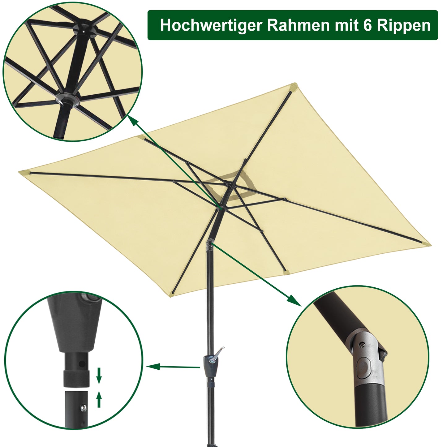 RANSENERS Kippbarer Sonnenschirm mit Schirmständer, Rechteckig 200 x 300 cm Gartenschirm, UV-Schutz UPF50+ (Creme)