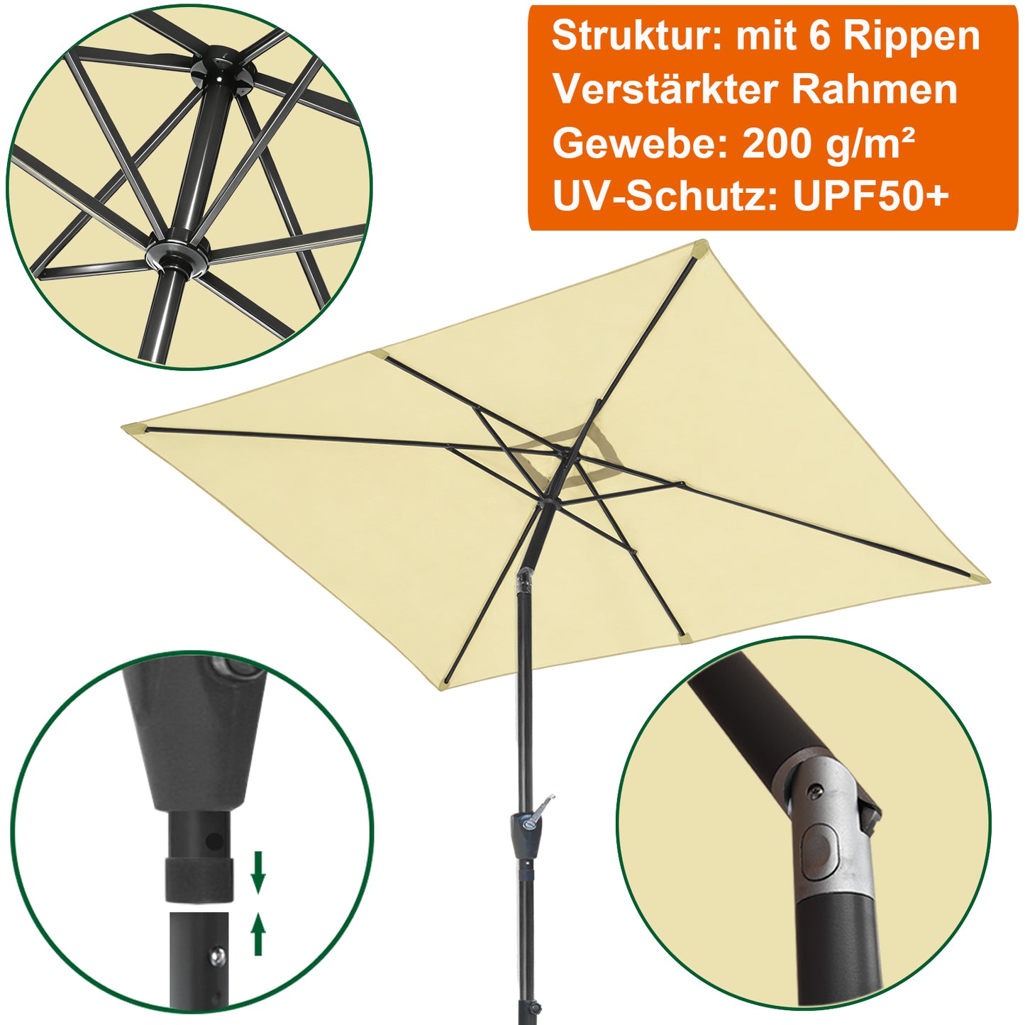 RANSENERS Kippbarer Sonnenschirm Rechteckig 200 x 300 cm mit Schirmständer, Schutzhülle Inklusive, 200g/㎡ Gewebe mit UV50+ für Garten, Terrasse, Kaffeehaus im Freien