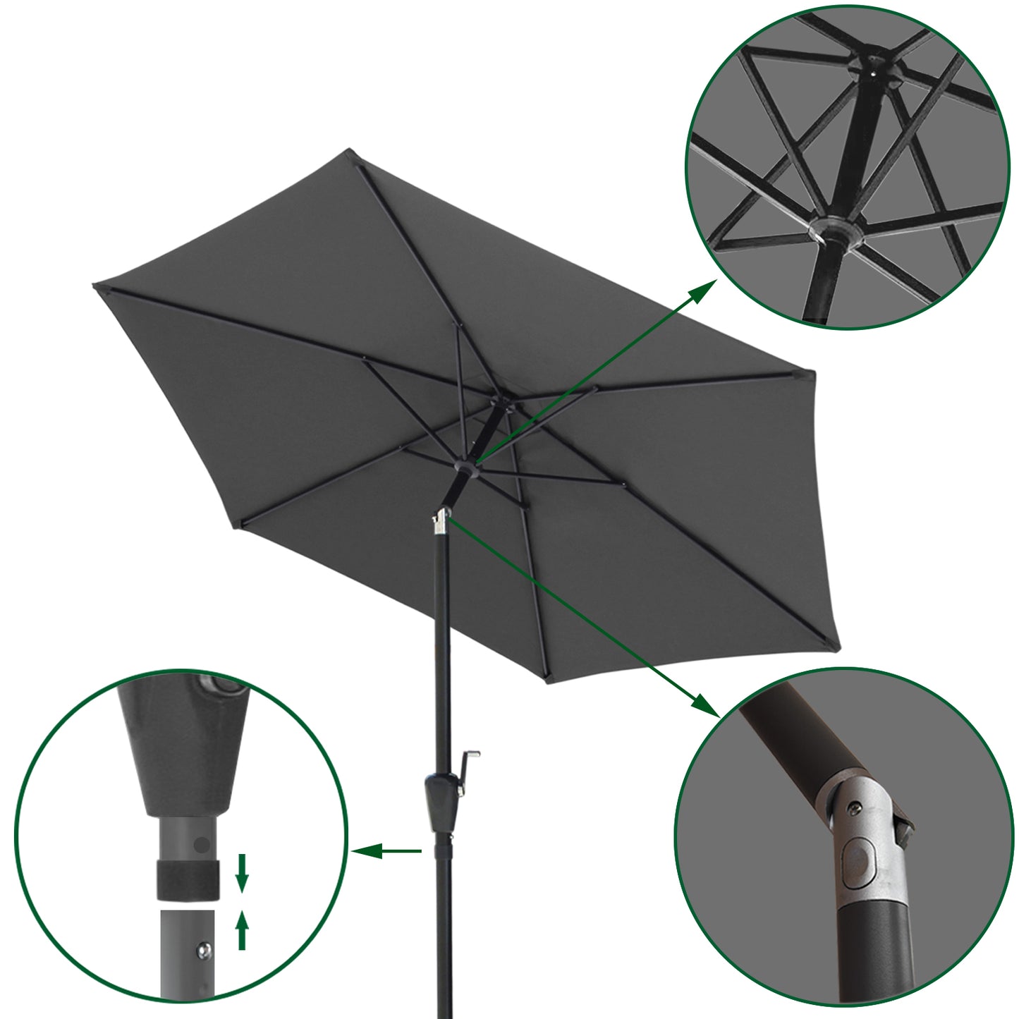 RANSENERS Sonnenschirm Ø 270 cm - Kippbarer Gartenschirm mit UV-Schutz UPF50+ Stoff (Grau)