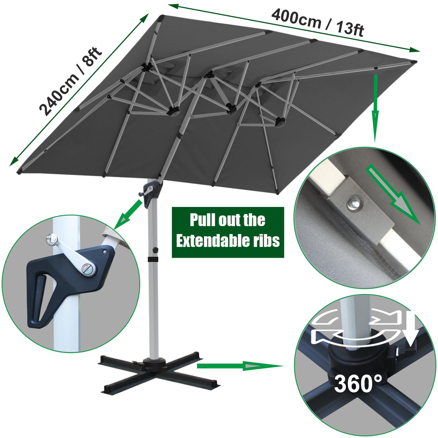 RANSENERS Doppel Ampelschirm, Rechteckig 400x240cm, mit 360° Drehbar, UV-Schutz UPF50+ (Grau)