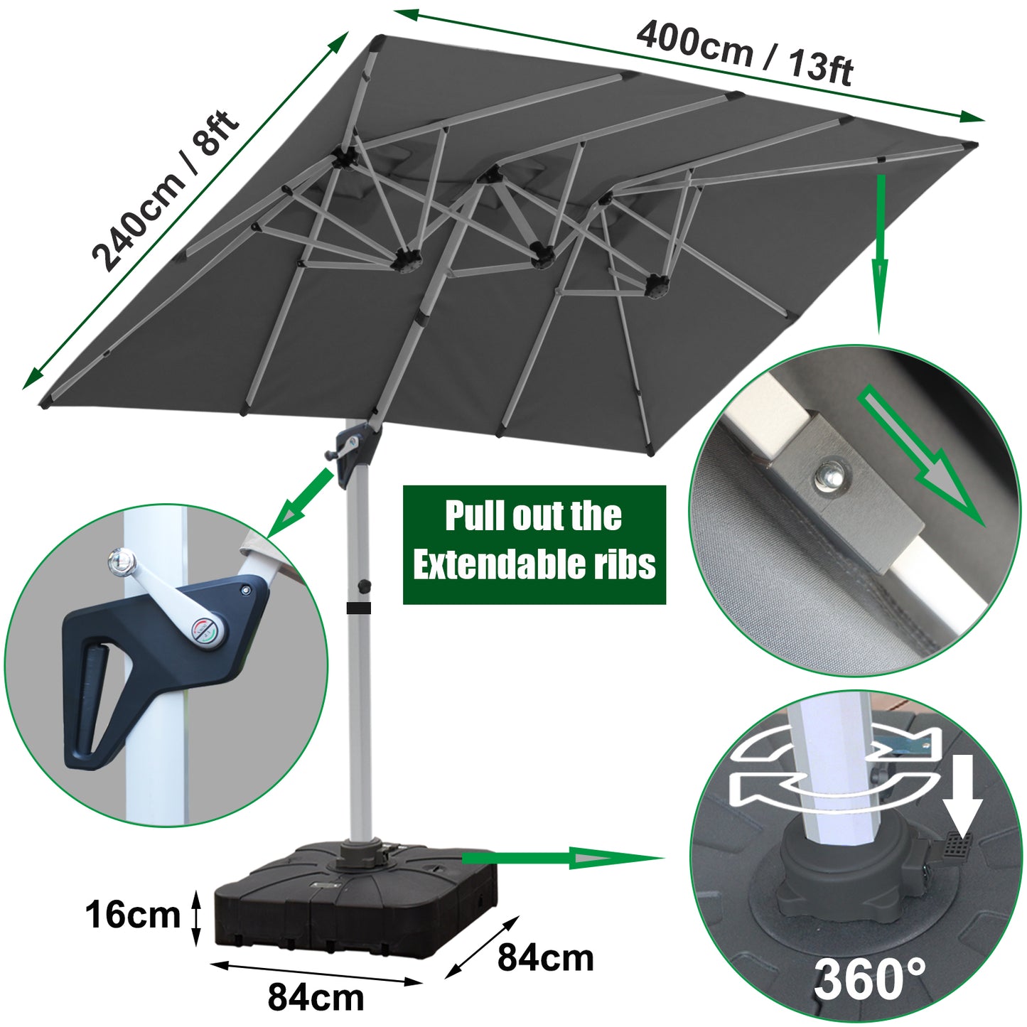 RANSENERS Doppel Ampelschirm mit Schirmständer, Rechteckig 400x240cm, mit 360° Drehbar, UV-Schutz UPF50+ (Grau)