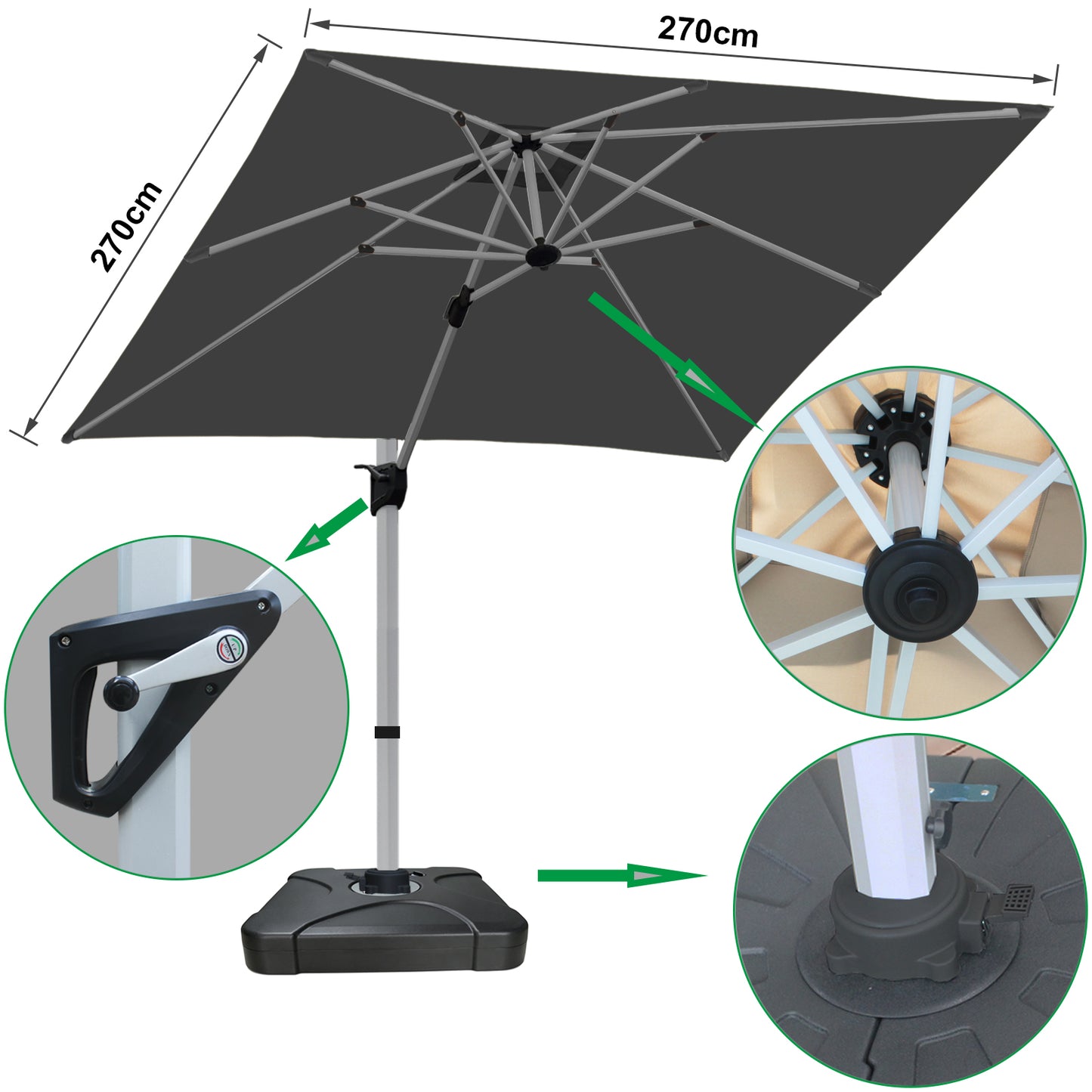 RANSENERS Premium Ampelschirm 270 x 270 cm mit Schirmständer, Aluminium Rahmen, 360° Drehbar, Neigbar 0°-90°, 240 g/m² Extra-Dicker Gewebe mit UV50+, für Garten, Kaffeehaus im Freien