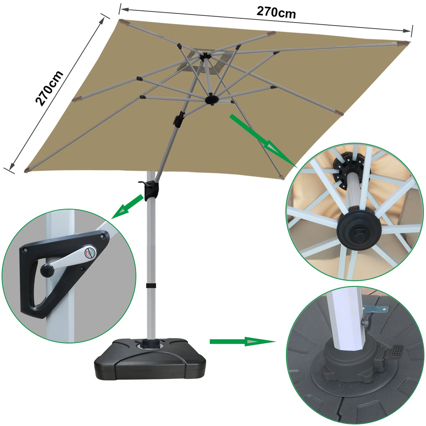 RANSENERS Premium Ampelschirm 270 x 270 cm mit Schirmständer, Aluminium Rahmen, 360° Drehbar, Neigbar 0°-90°, 240 g/m² Extra-Dicker Gewebe mit UV50+, für Garten, Kaffeehaus im Freien