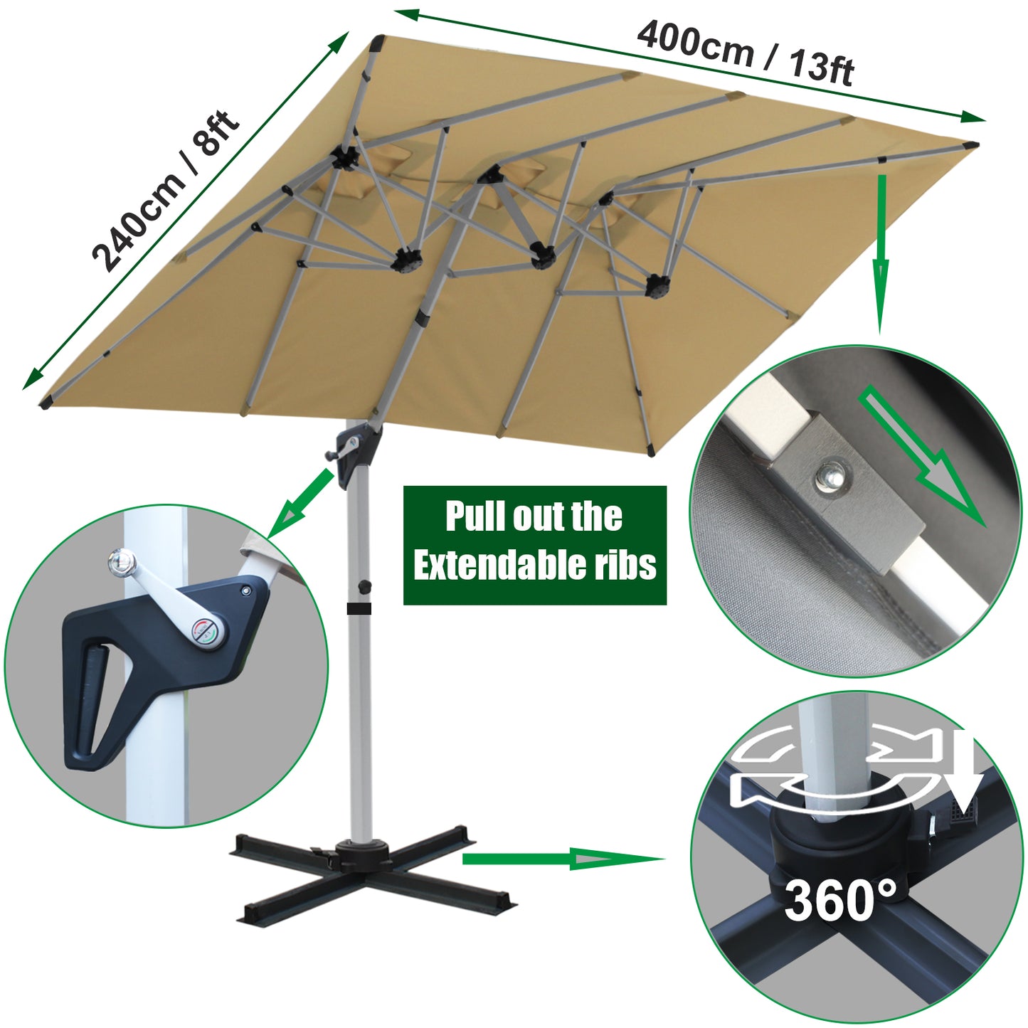 RANSENERS Doppel Ampelschirm, Rechteckig 400x240cm, mit 360° Drehbar, UV-Schutz UPF50+ (Beige)
