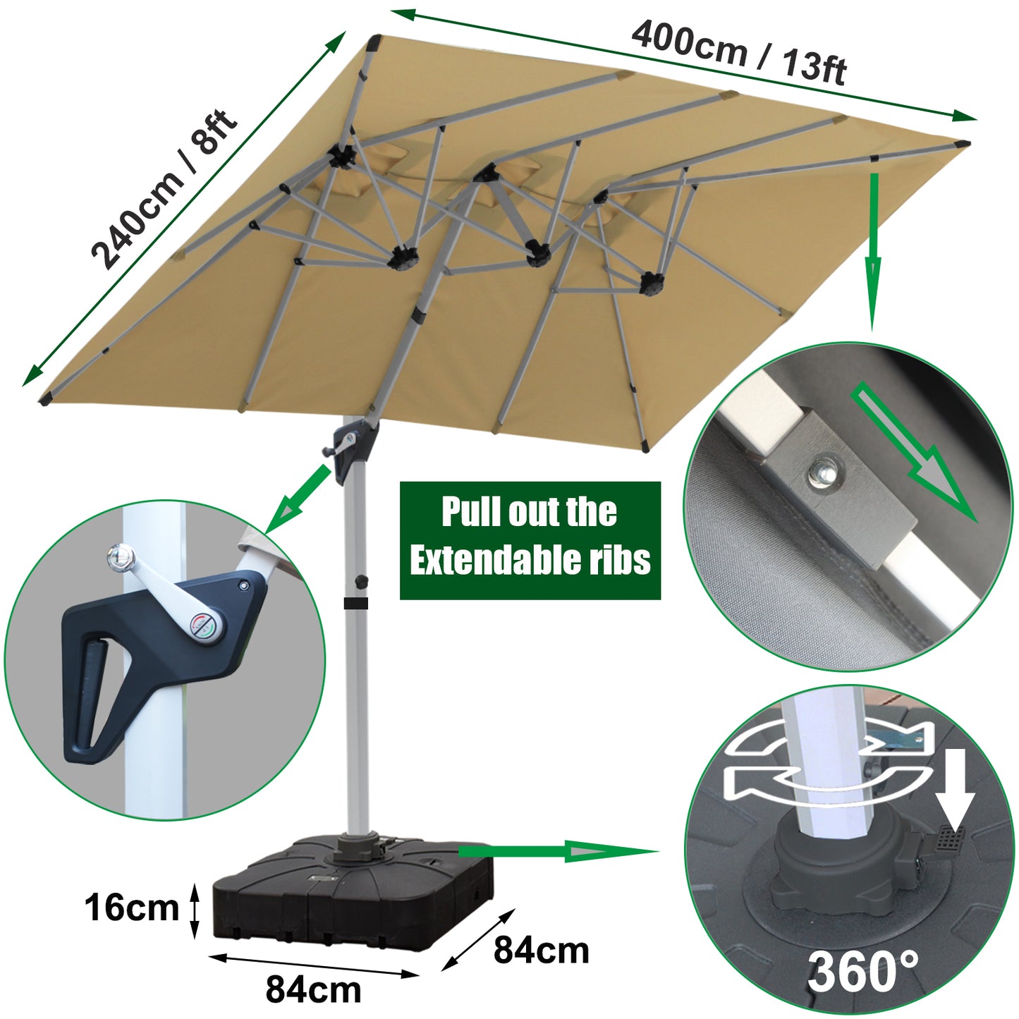 RANSENERS Doppel Ampelschirm mit Schirmständer, Rechteckig 400x240cm, mit 360° Drehbar, UV-Schutz UPF50+ (Beige)