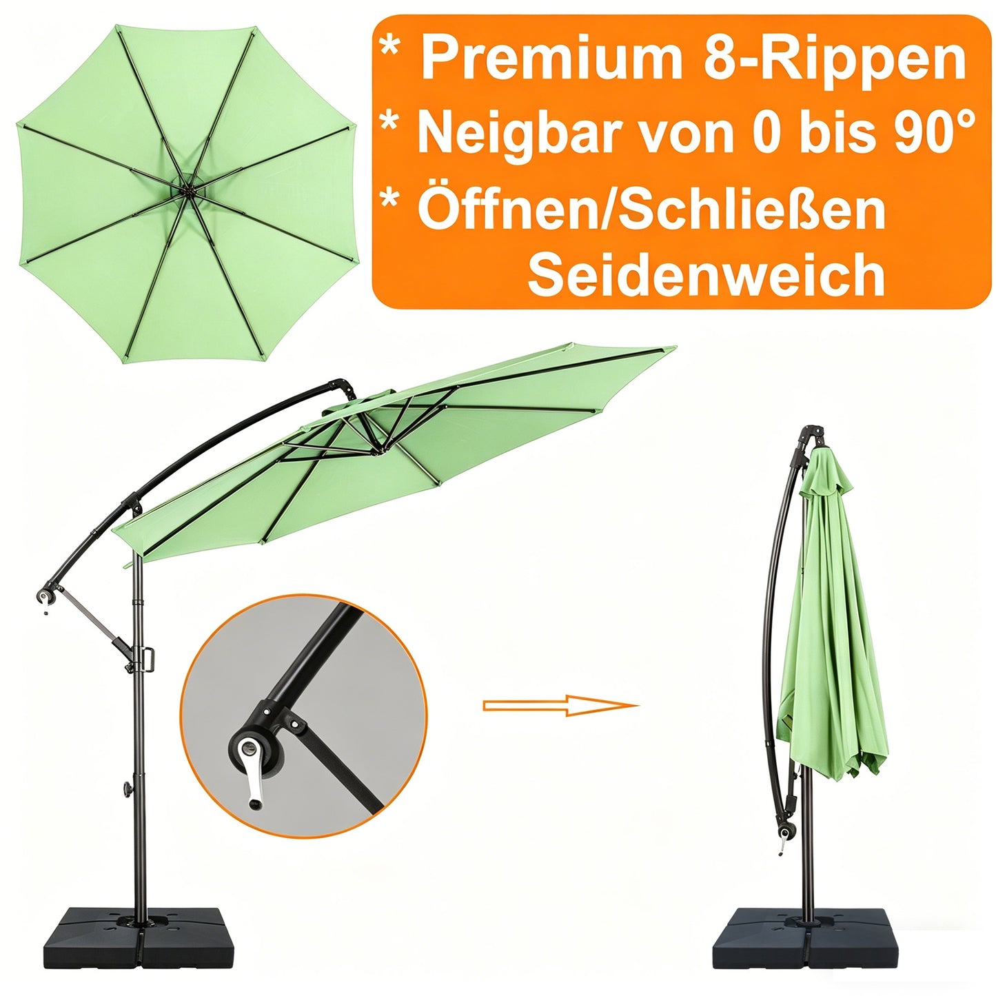 RANSENERS Ampelschirm 300cm mit Schirmständer, Sonnenschirm mit Stabiler Rahmen und 8-Rippen, UV 50+ für Garten, Terrasse, Kaffeehaus im Freien