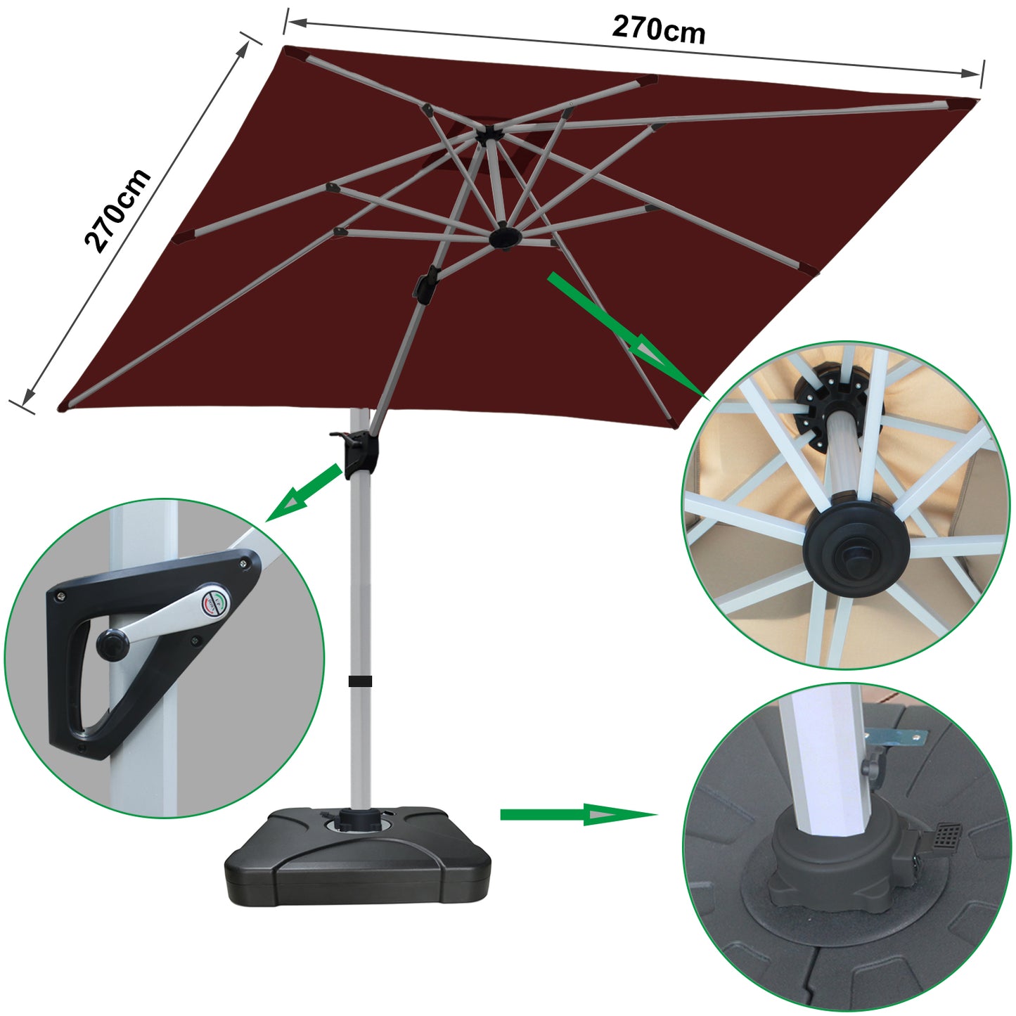 RANSENERS Premium Ampelschirm 270 x 270 cm mit Schirmständer, Aluminium Rahmen, 360° Drehbar, Neigbar 0°-90°, 240 g/m² Extra-Dicker Gewebe mit UV50+, für Garten, Kaffeehaus im Freien