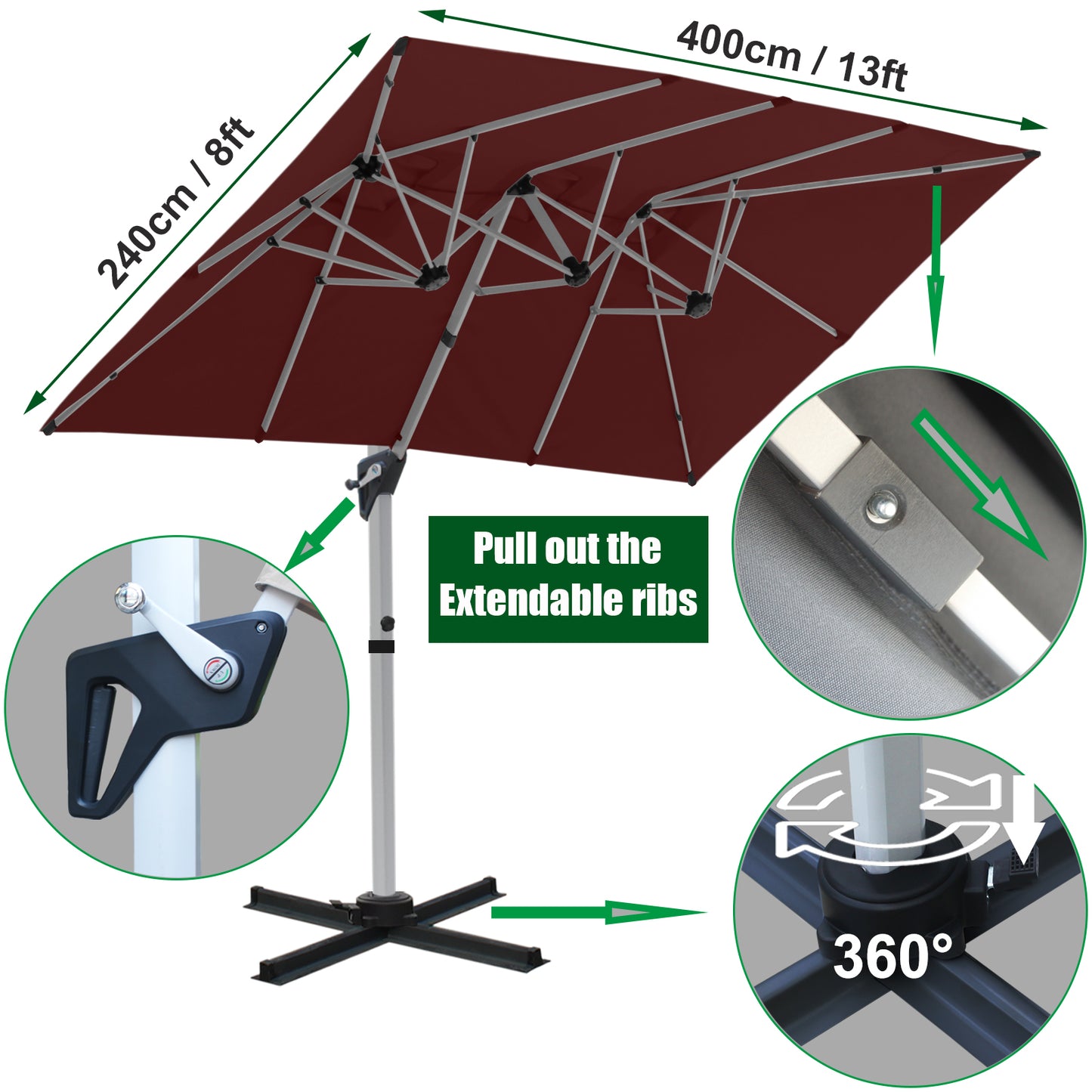 RANSENERS Doppel Ampelschirm, Rechteckig 400x240cm, mit 360° Drehbar, UV-Schutz UPF50+ (Rotwein)