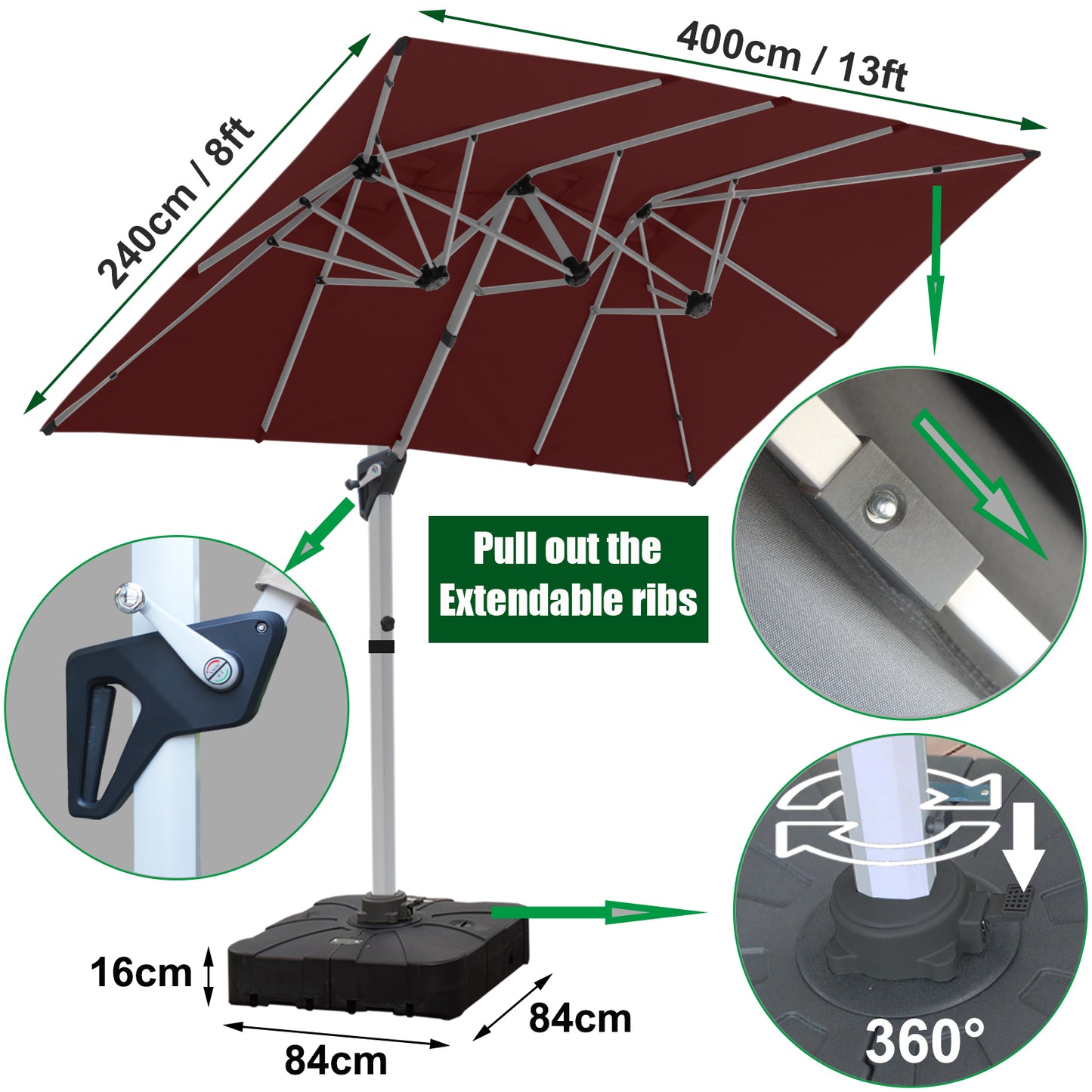 RANSENERS Doppel Ampelschirm mit Schirmständer, Rechteckig 400x240cm, mit 360° Drehbar, UV-Schutz UPF50+ (Rotwein)