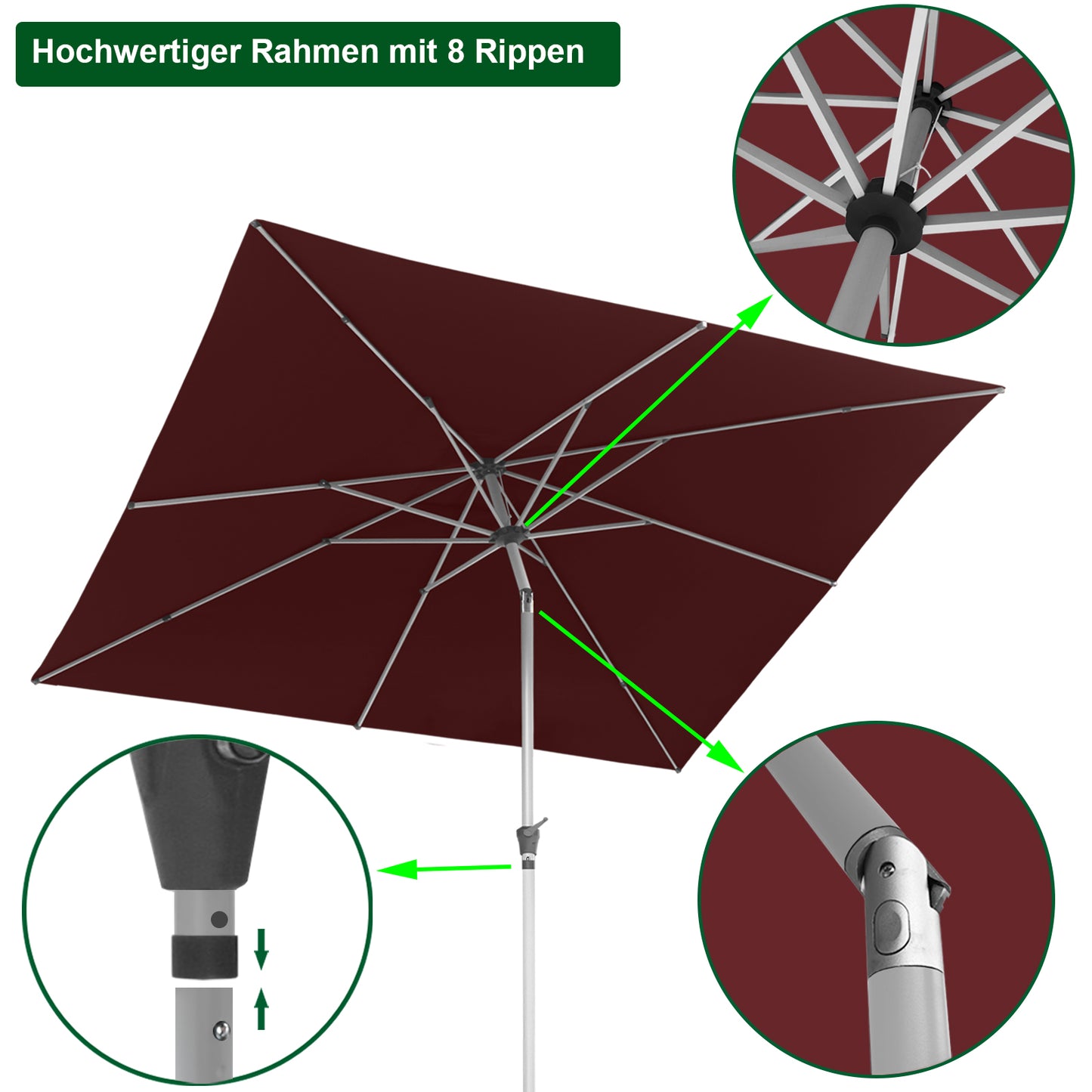 RANSENERS Kippbarer Sonnenschirm mit Schirmständer, Quadratisch 250 x 250 cm, Gartenschirm mit 8 Rippe, UV-Schutz UPF50+ (Rotwein)