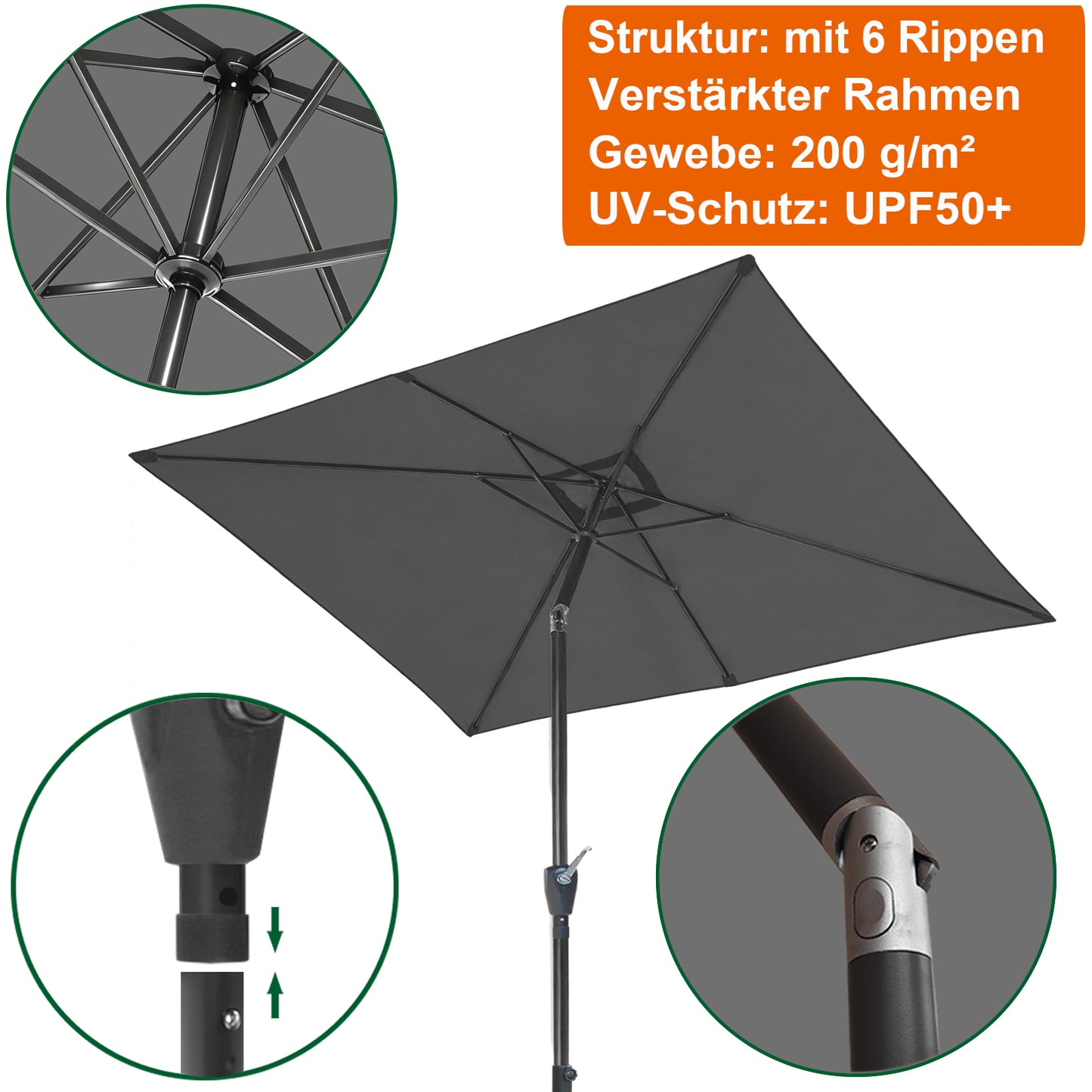 RANSENERS Kippbarer Sonnenschirm Rechteckig 200 x 300 cm mit Schirmständer, Schutzhülle Inklusive, 200g/㎡ Gewebe mit UV50+ für Garten, Terrasse, Kaffeehaus im Freien