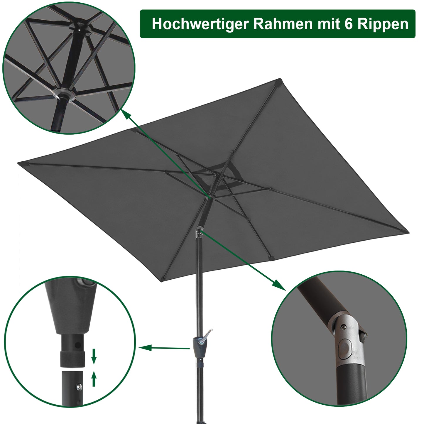 RANSENERS Kippbarer Sonnenschirm, Rechteckig 200 x 300 cm Gartenschirm, UV-Schutz UPF50+ (Grau)