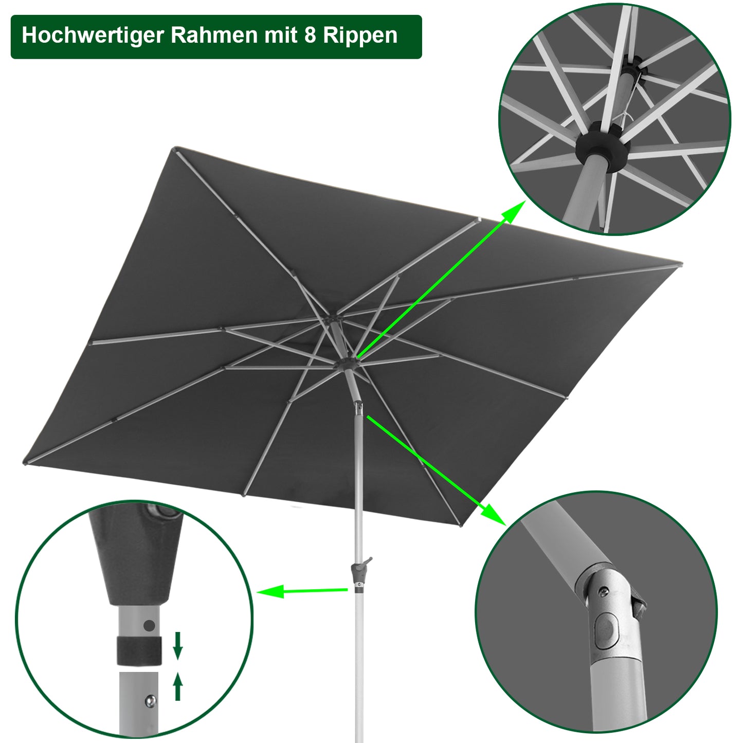 RANSENERS Kippbarer Sonnenschirm mit Kreuzfuß, Quadratisch 250 x 250 cm, Gartenschirm mit 8 Rippe, UV-Schutz UPF50+ (Grau)