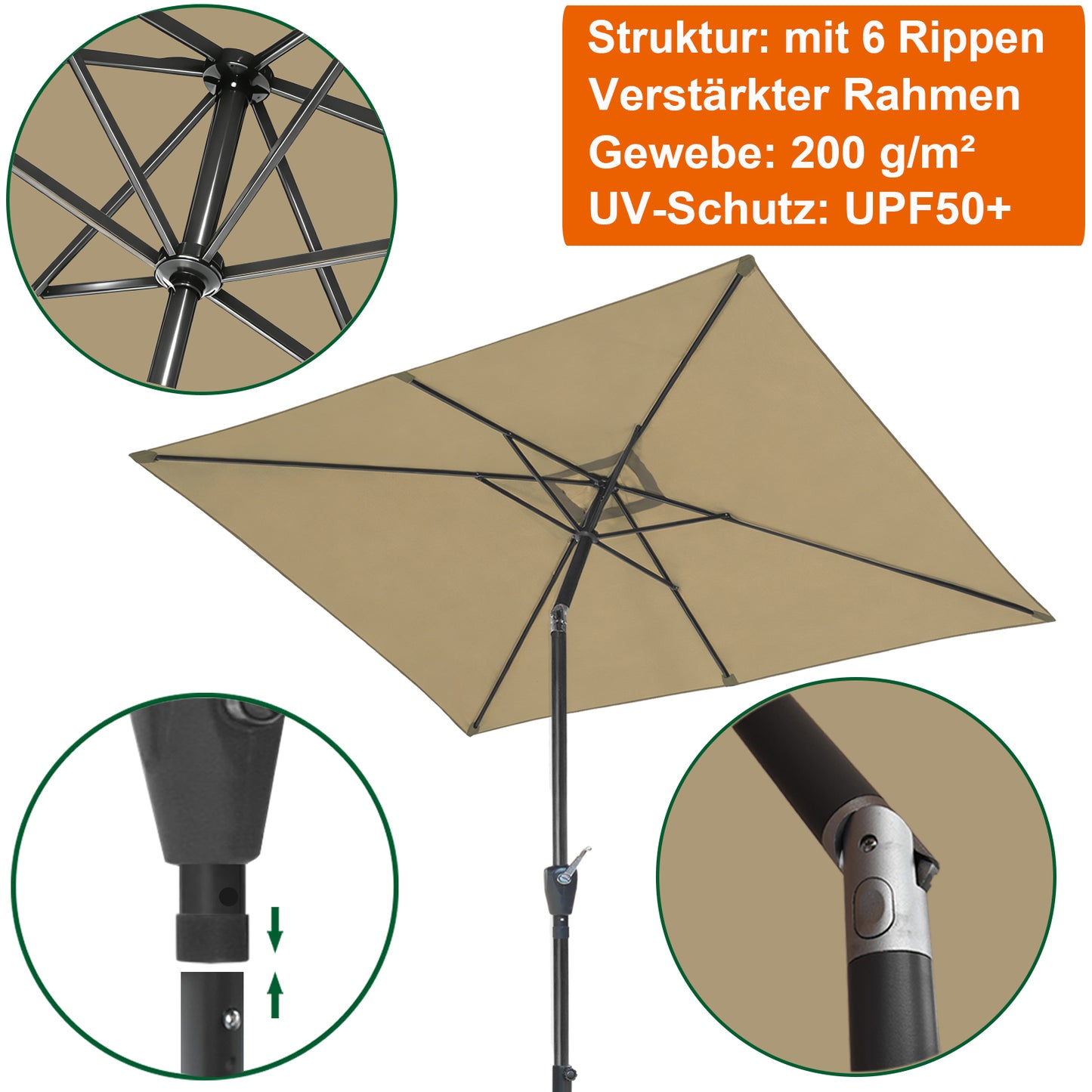 RANSENERS Kippbarer Sonnenschirm Rechteckig 200 x 300 cm mit Schirmständer, Schutzhülle Inklusive, Verstärkter Rahmen, 200g/㎡ Gewebe mit UV50+ für Garten, Terrasse, Kaffeehaus im Freien