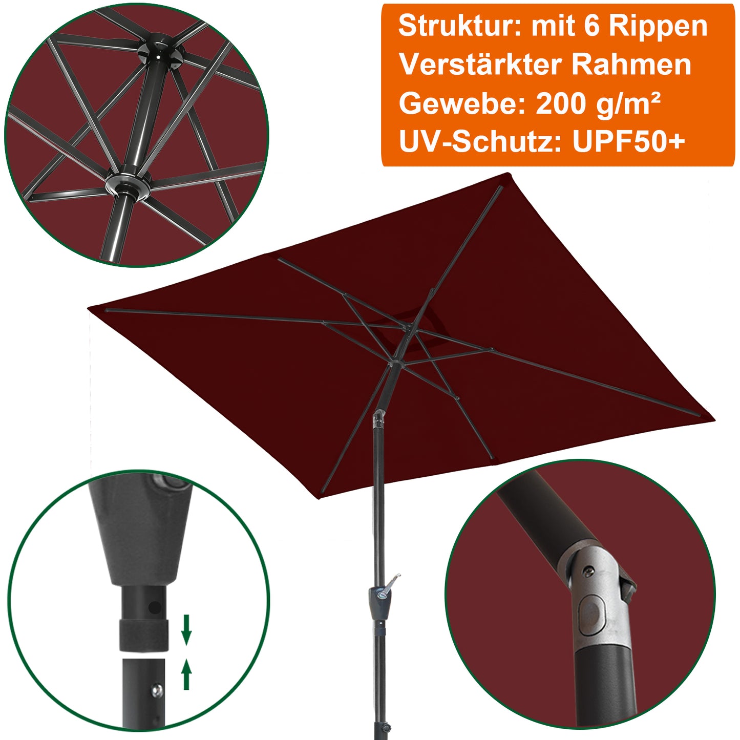 RANSENERS Kippbarer Sonnenschirm Rechteckig 200 x 300 cm mit Schirmständer, Schutzhülle Inklusive, 200g/㎡ Gewebe mit UV50+ für Garten, Terrasse, Kaffeehaus im Freien