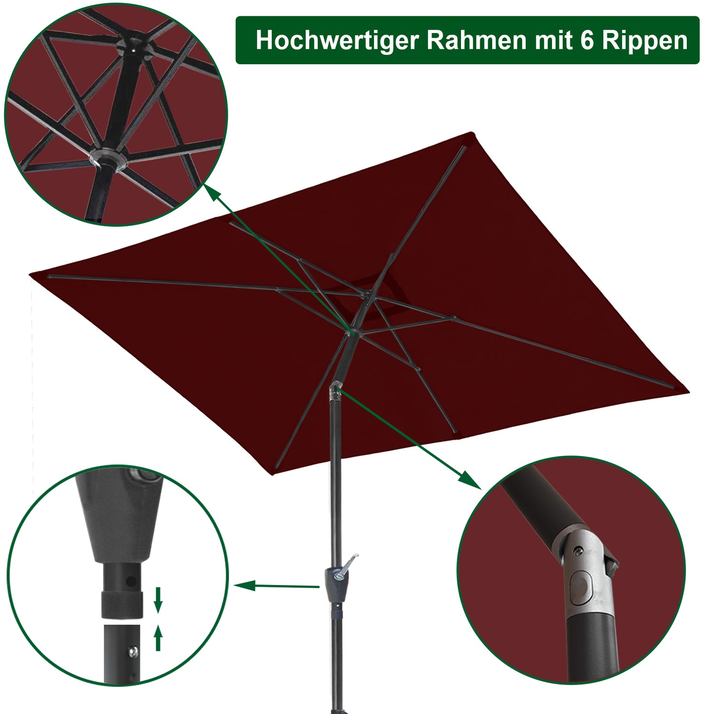 RANSENERS Kippbarer Sonnenschirm, Rechteckig 200 x 300 cm Gartenschirm, UV-Schutz UPF50+ (Rotwein)