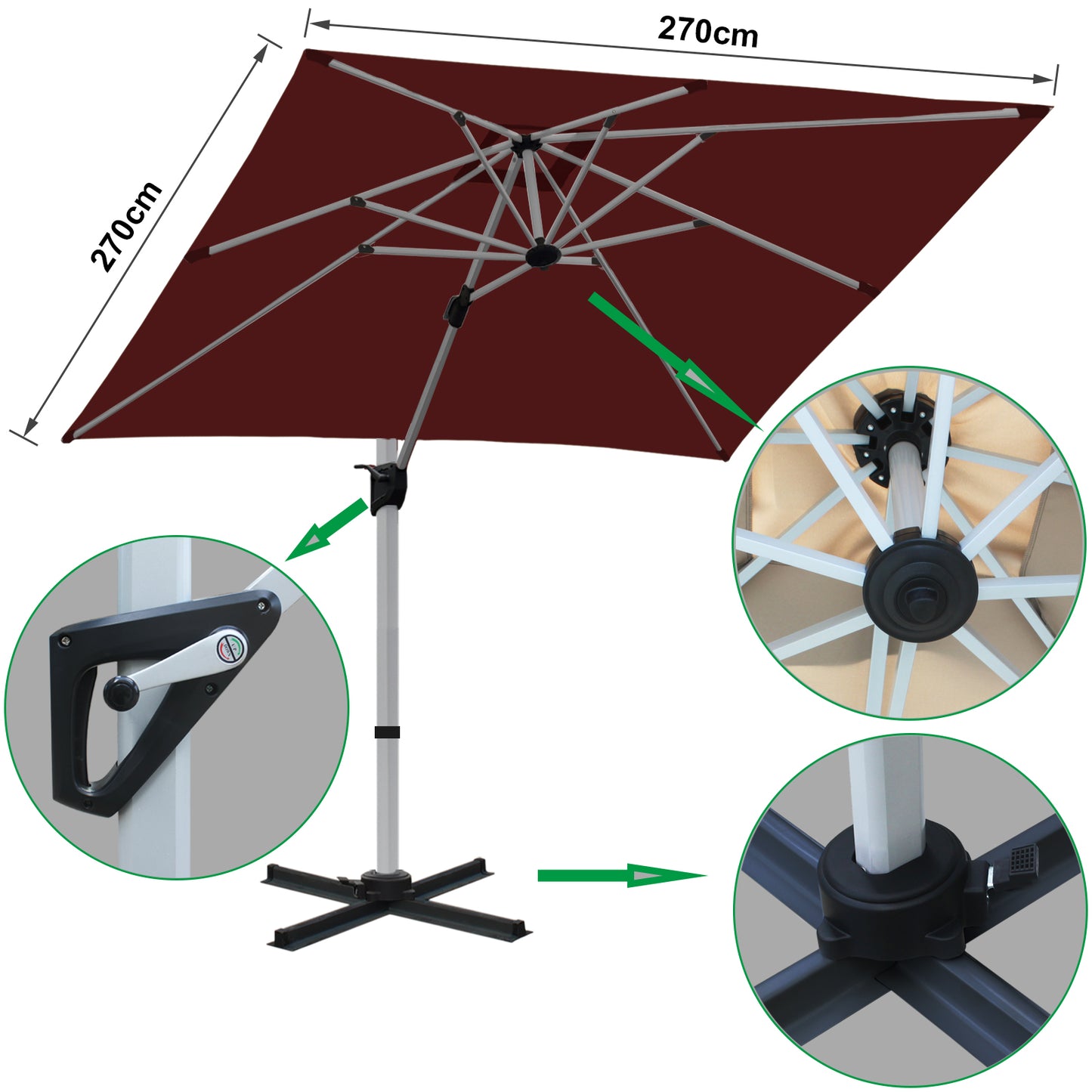 RANSENERS Premium Ampelschirm mit Kreuzfuß, Quadratisch 270 x 270 cm, mit 360° Drehbar, UV-Schutz UPF50+ (Rotwein)