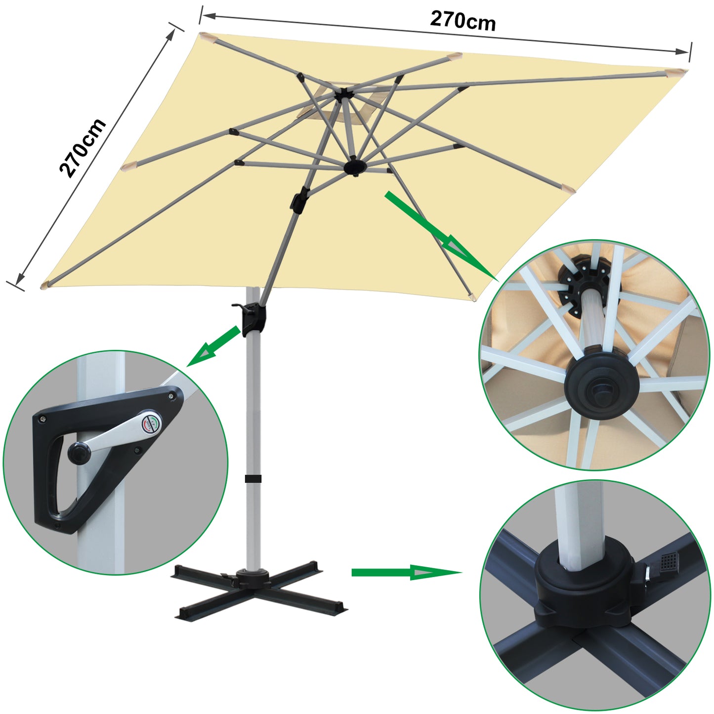 RANSENERS Premium Ampelschirm mit Kreuzfuß, Quadratisch 270 x 270 cm, mit 360° Drehbar, UV-Schutz UPF50+ (Creme)