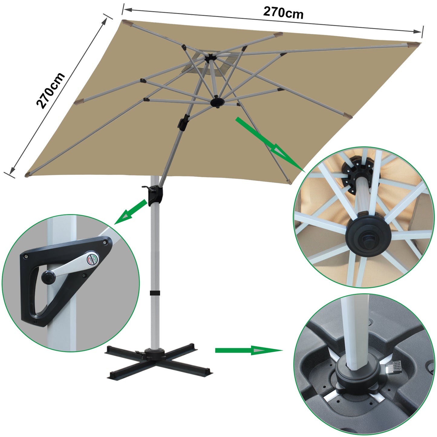 RANSENERS Premium Ampelschirm mit Kreuzfuß, Quadratisch 270 x 270 cm, mit 360° Drehbar, UV-Schutz UPF50+ (Beige)