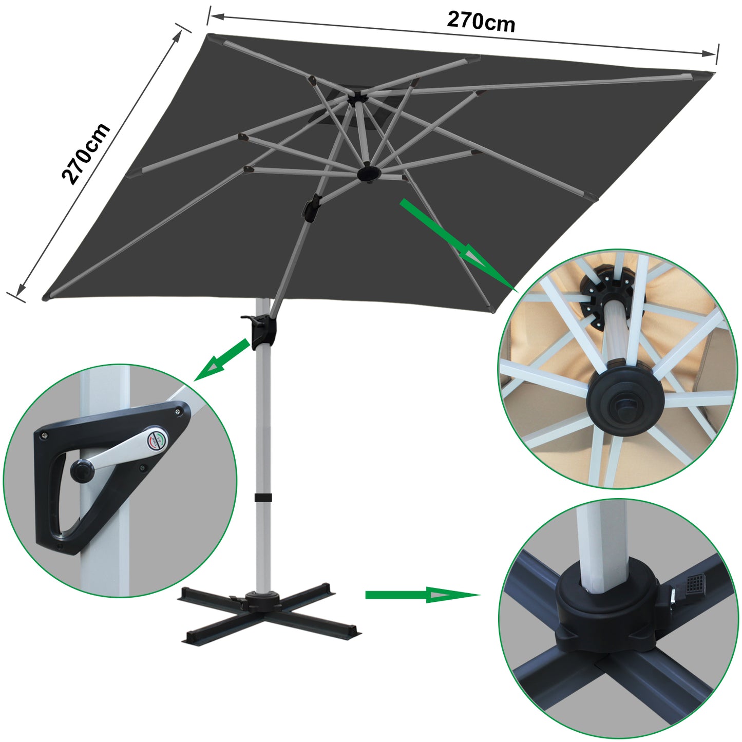 RANSENERS Premium Ampelschirm mit Kreuzfuß, Quadratisch 270 x 270 cm, mit 360° Drehbar, UV-Schutz UPF50+ (Grau)