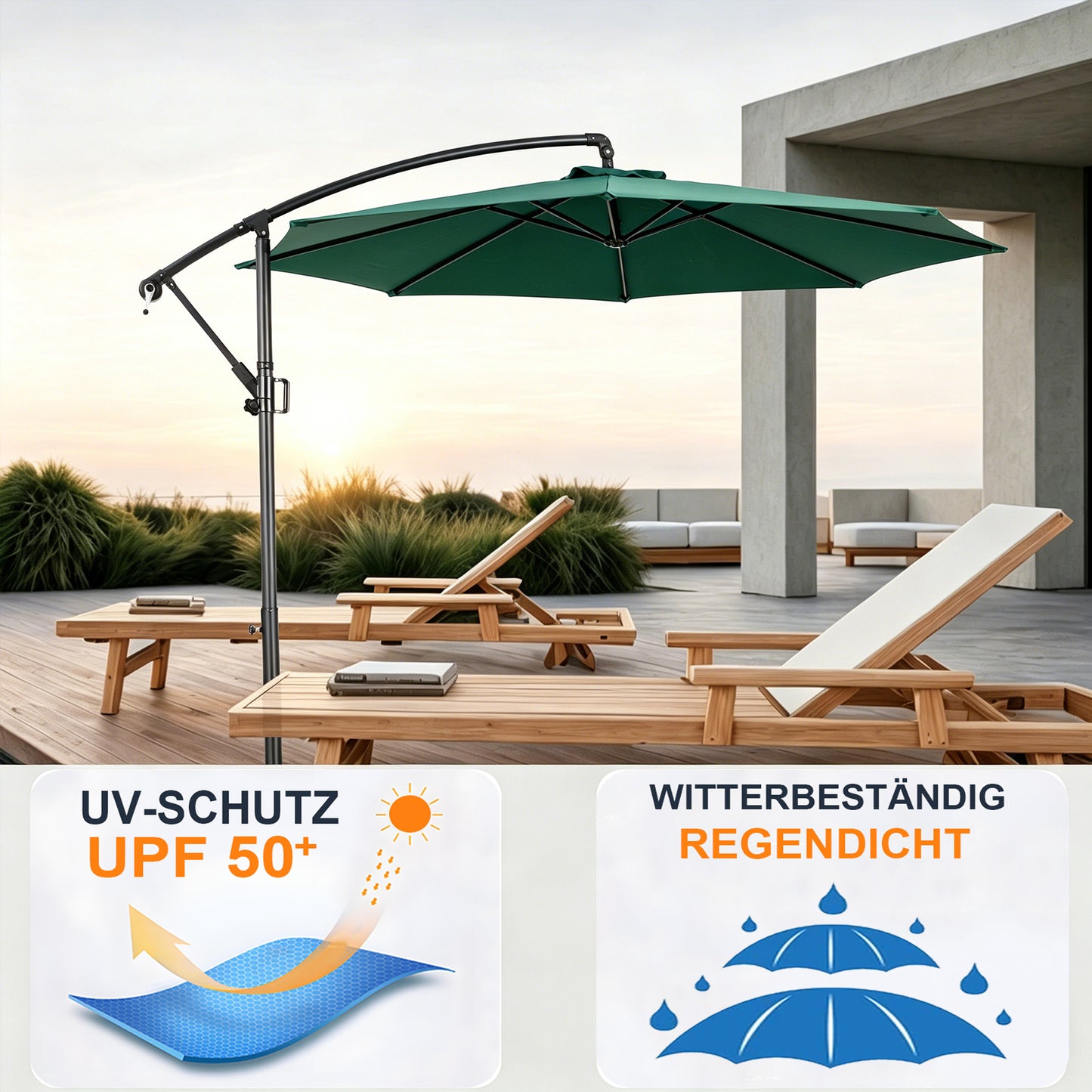 RANSENERS Ampelschirm 300cm mit Schirmständer, Sonnenschirm mit Stabiler Rahmen und 8-Rippen, UV 50+ für Garten, Terrasse, Kaffeehaus im Freien, Grün