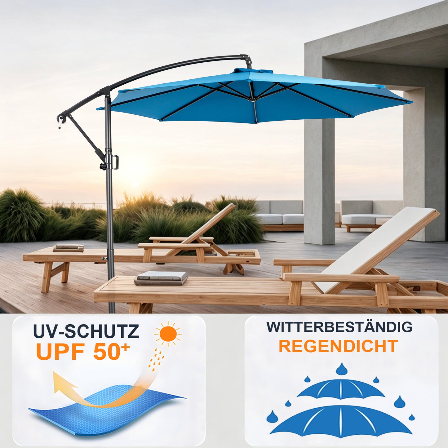 RANSENERS Ampelschirm 300cm mit Schirmständer, Sonnenschirm mit Stabiler Rahmen und 8-Rippen, UV 50+ für Garten, Terrasse, Kaffeehaus im Freien, Dunkelblau