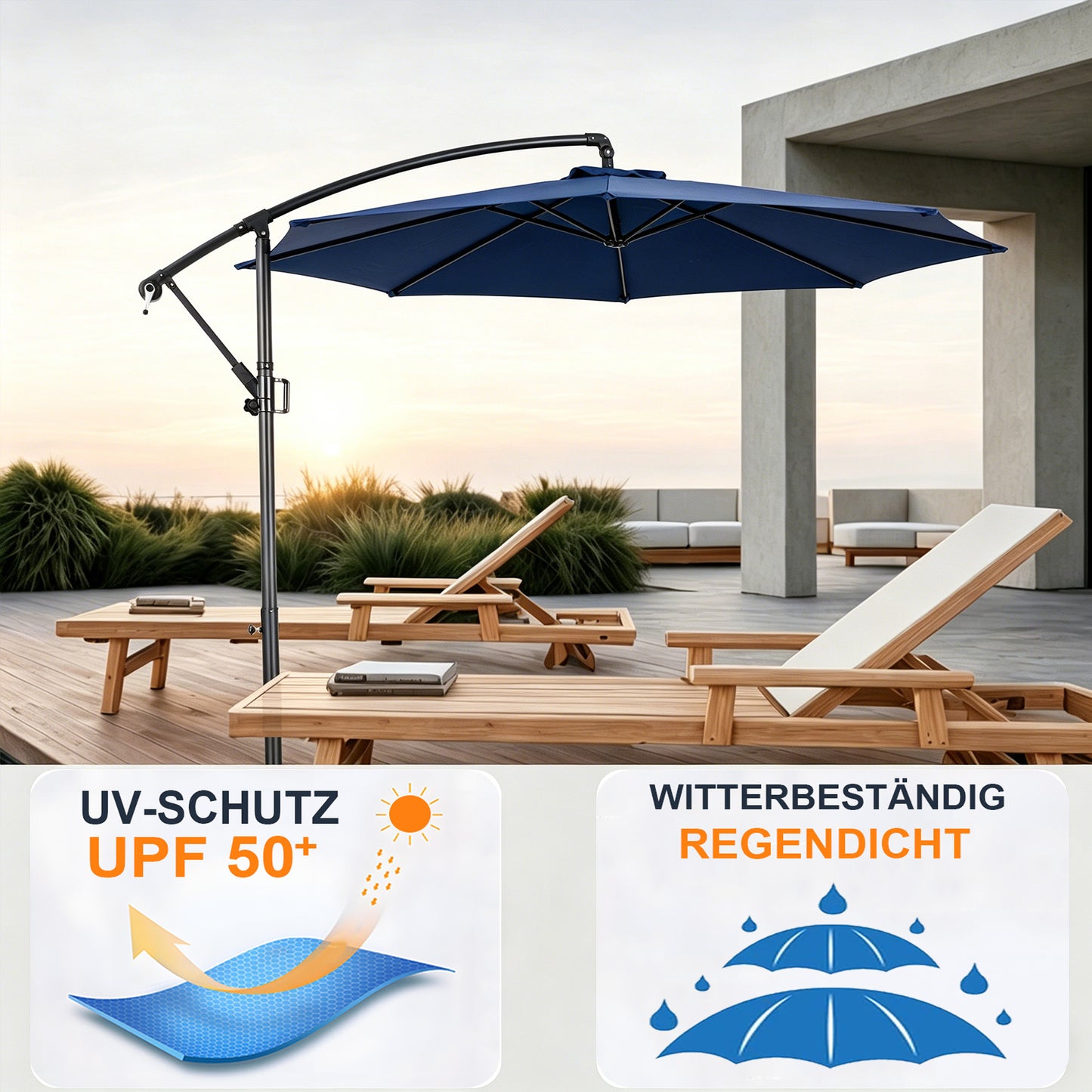 RANSENERS Ampelschirm 300cm mit Schirmständer, Sonnenschirm mit Stabiler Rahmen und 8-Rippen, UV 50+ für Garten, Terrasse, Kaffeehaus im Freien, Blau
