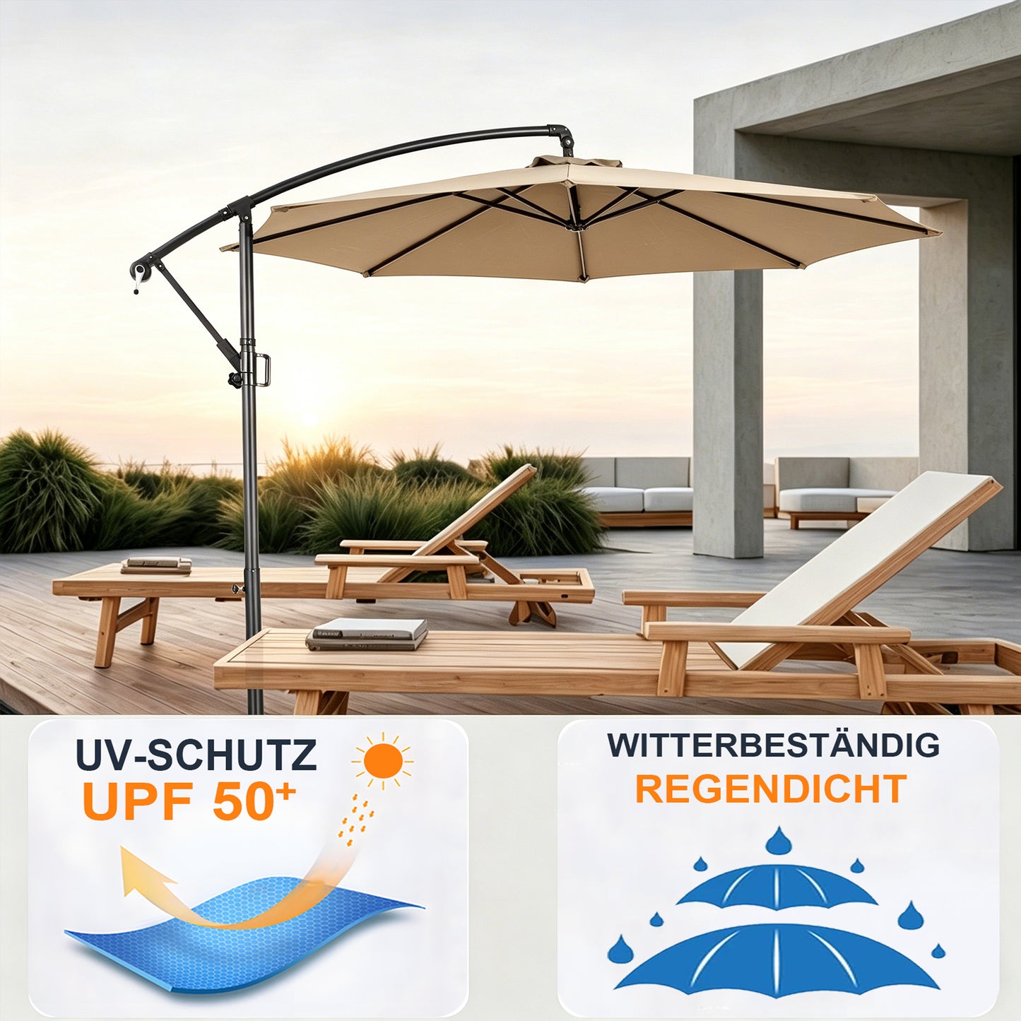 RANSENERS Ampelschirm 300cm mit Schirmständer, Sonnenschirm mit Stabiler Rahmen und 8-Rippen, UV 50+ für Garten, Terrasse, Kaffeehaus im Freien, Khaki