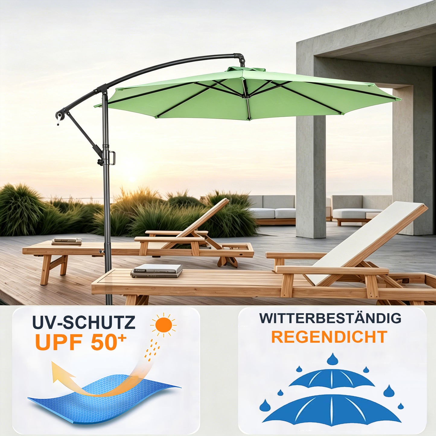 RANSENERS Ampelschirm 300cm mit Schirmständer, Sonnenschirm mit Stabiler Rahmen und 8-Rippen, UV 50+ für Garten, Terrasse, Kaffeehaus im Freien