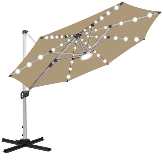 RANSENERS Premium Ampelschirm mit Solar-LED -  Ø350cm Sonnenschirm mit Kreuzfuß - 360° Drehbar - UV50+ Stoff Schützen Sie sich vor Sonnenstrahlen im Garten - Beige
