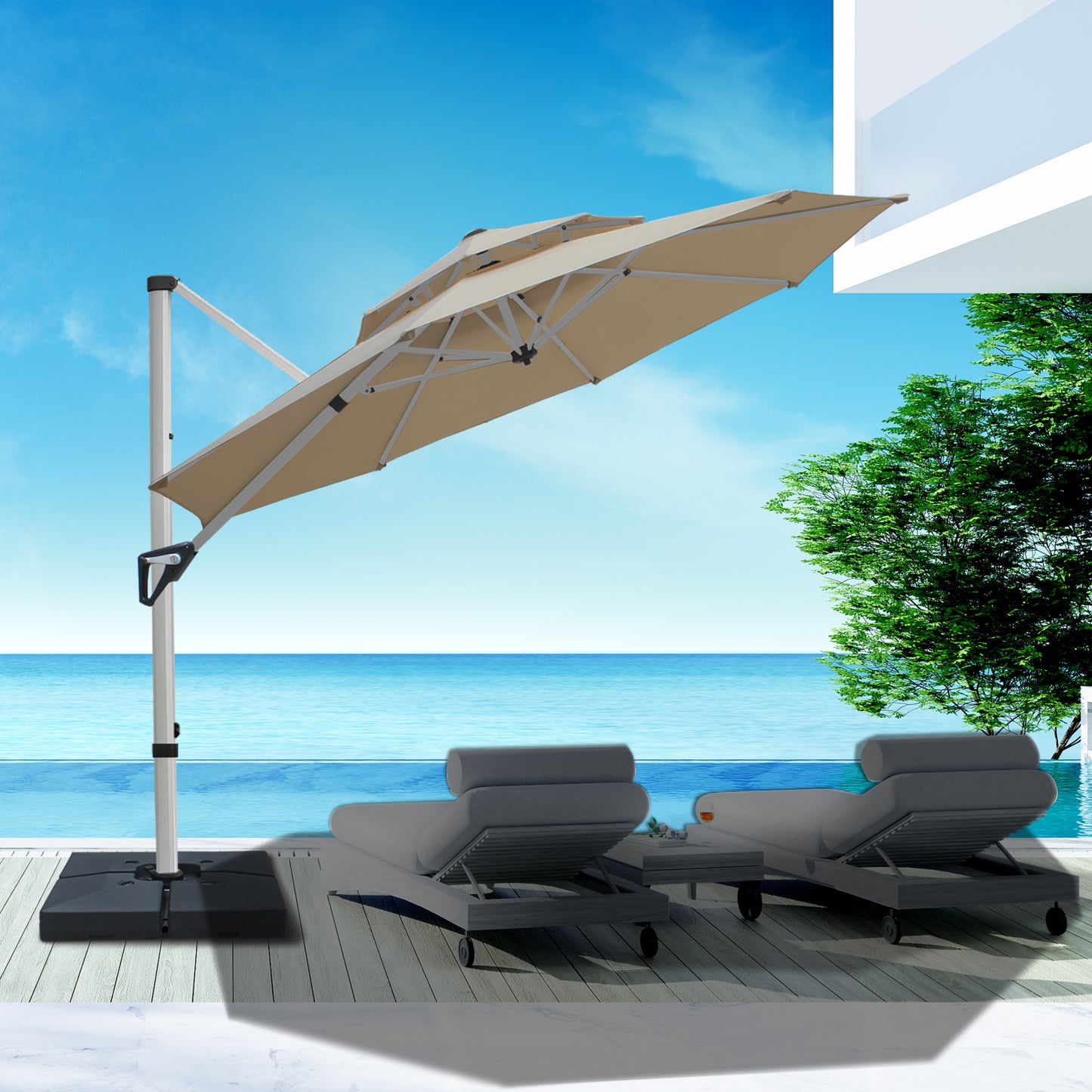 RANSENERS Premium Ampelschirm mit Schirmständer, Rund Ø 300cm, mit 360° Drehbar, UV-Schutz UPF50+ (Beige)