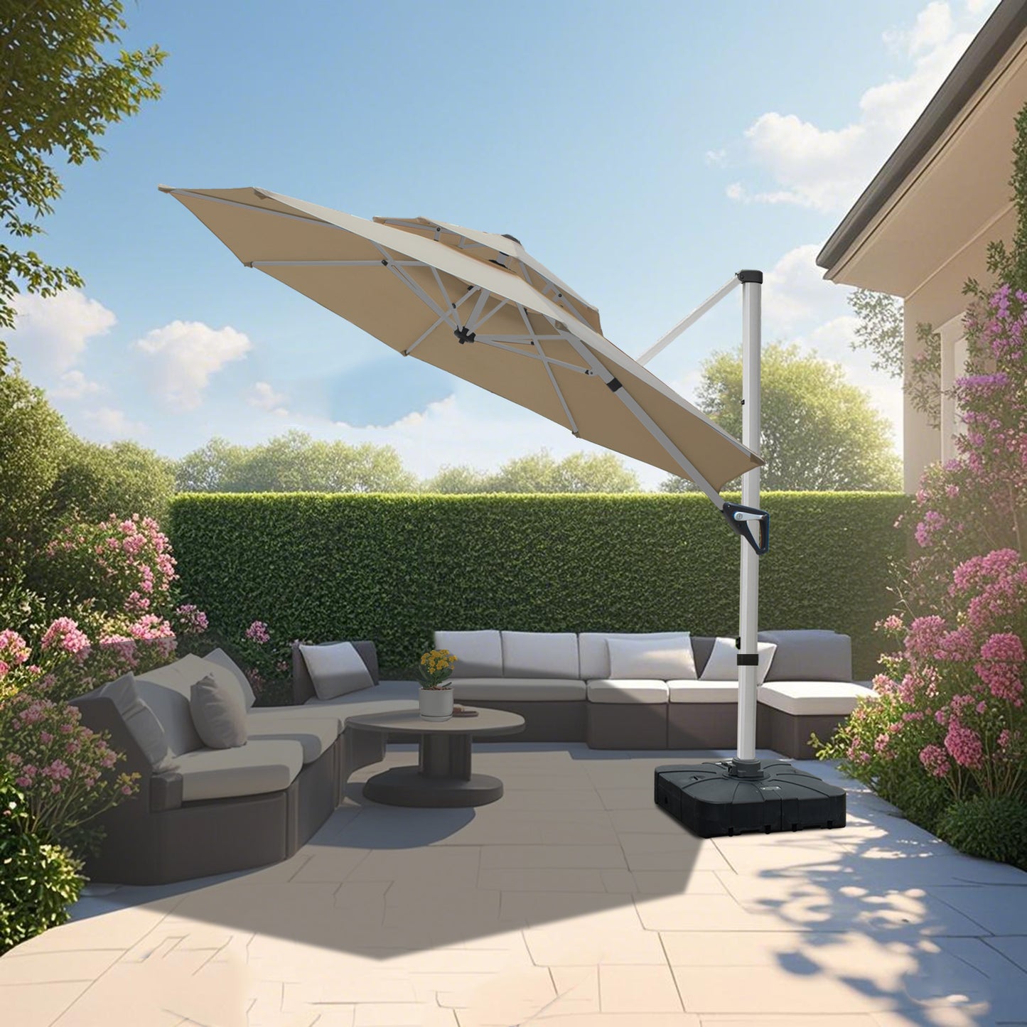 RANSENERS Ampelschirm 300 cm, mit Schirmständer, Doppelter Baldachin, Drehbar 360°, Neigbar 0°-90°, Aluminium Rahmen, Extra-Dicker Gewebe, UV50+, für Garten, Terrasse, Cafe im Freien