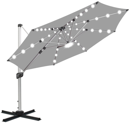 RANSENERS Premium Ampelschirm mit Solar-LED -  Ø350cm Sonnenschirm mit Kreuzfuß - 360° Drehbar - UV50+ Stoff Schützen Sie sich vor Sonnenstrahlen im Garten - Grau