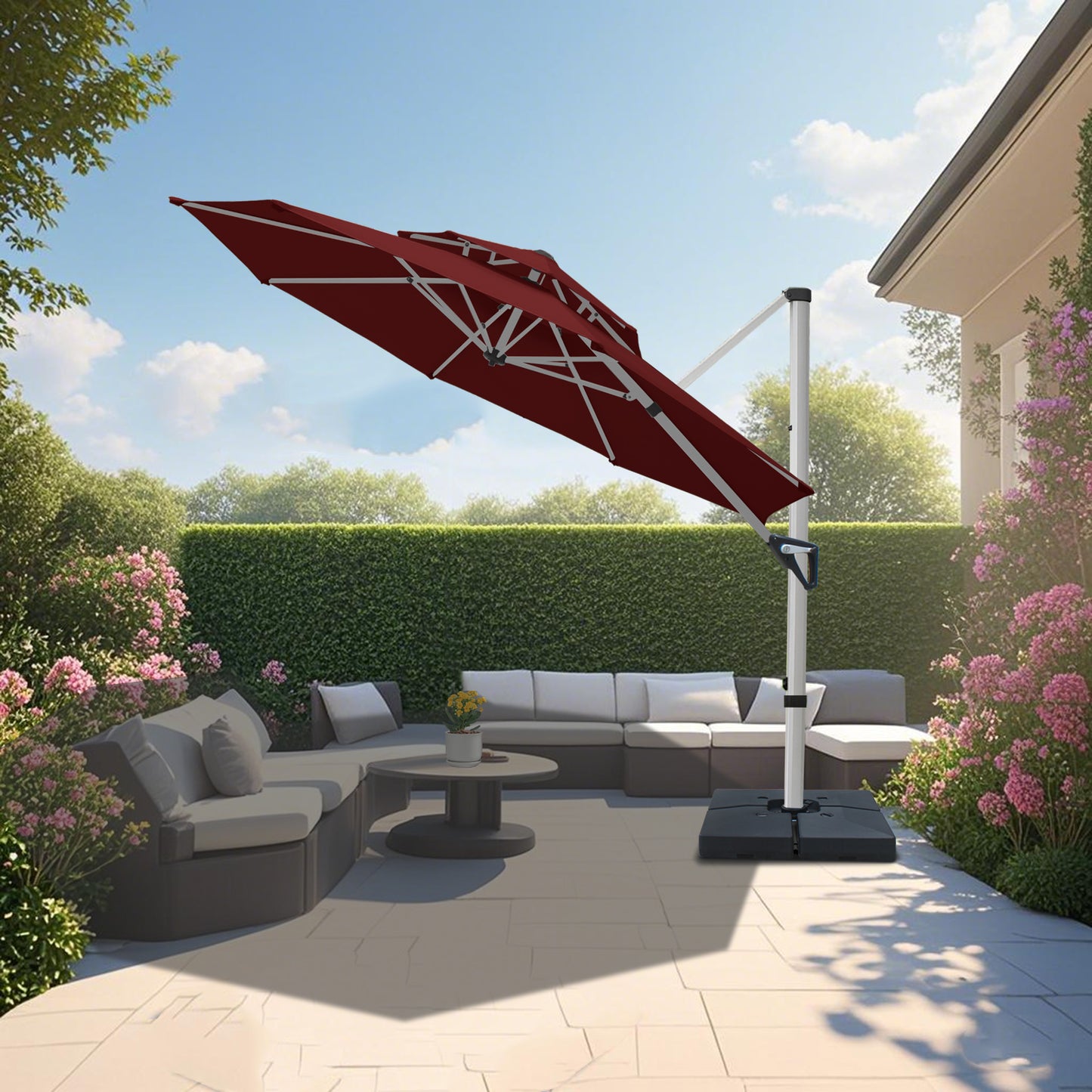 RANSENERS Premium Ampelschirm mit Schirmständer, Rund Ø 300cm, mit 360° Drehbar, UV-Schutz UPF50+ (Rotwein)