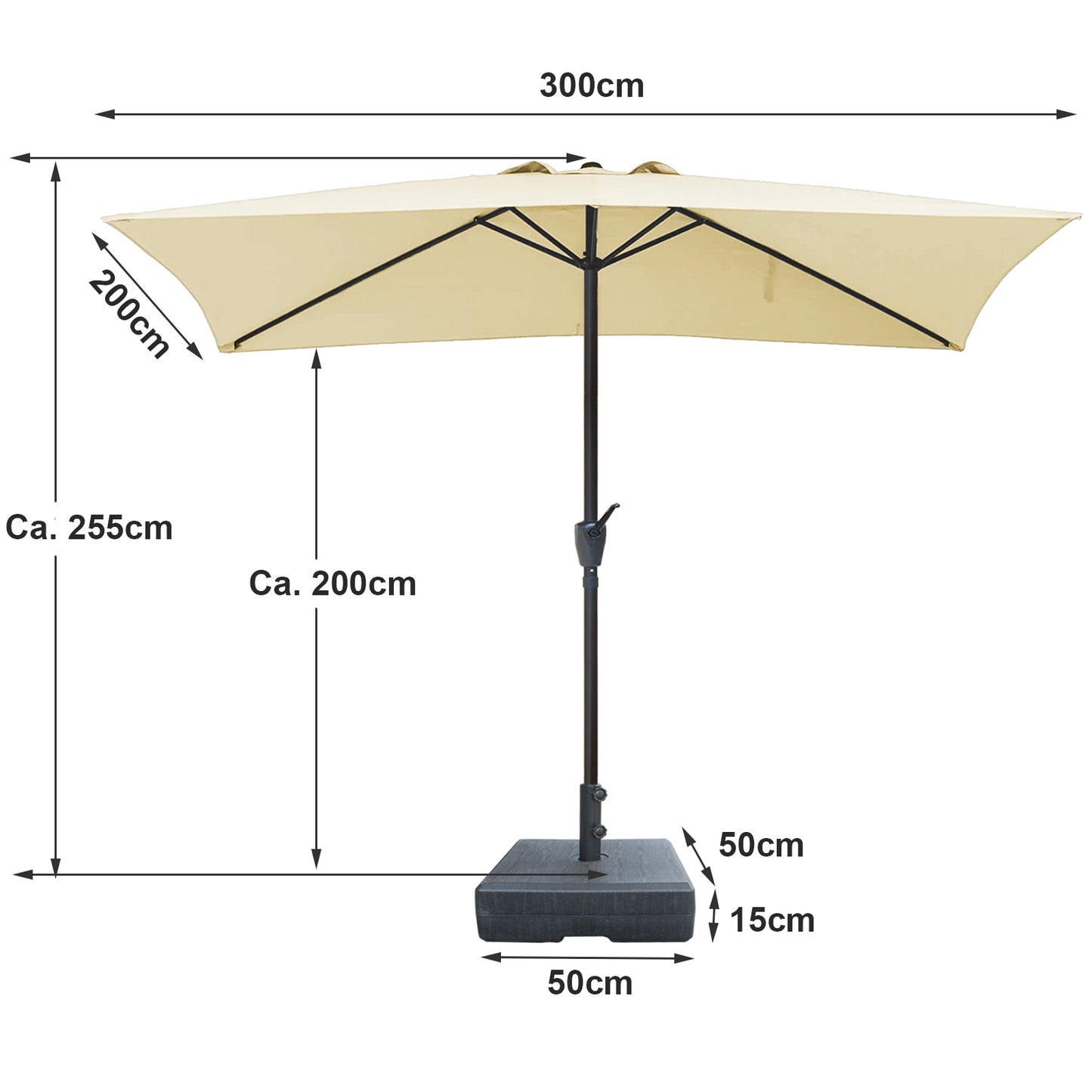 RANSENERS Kippbarer Sonnenschirm mit Schirmständer, Rechteckig 200 x 300 cm Gartenschirm, UV-Schutz UPF50+ (Creme)