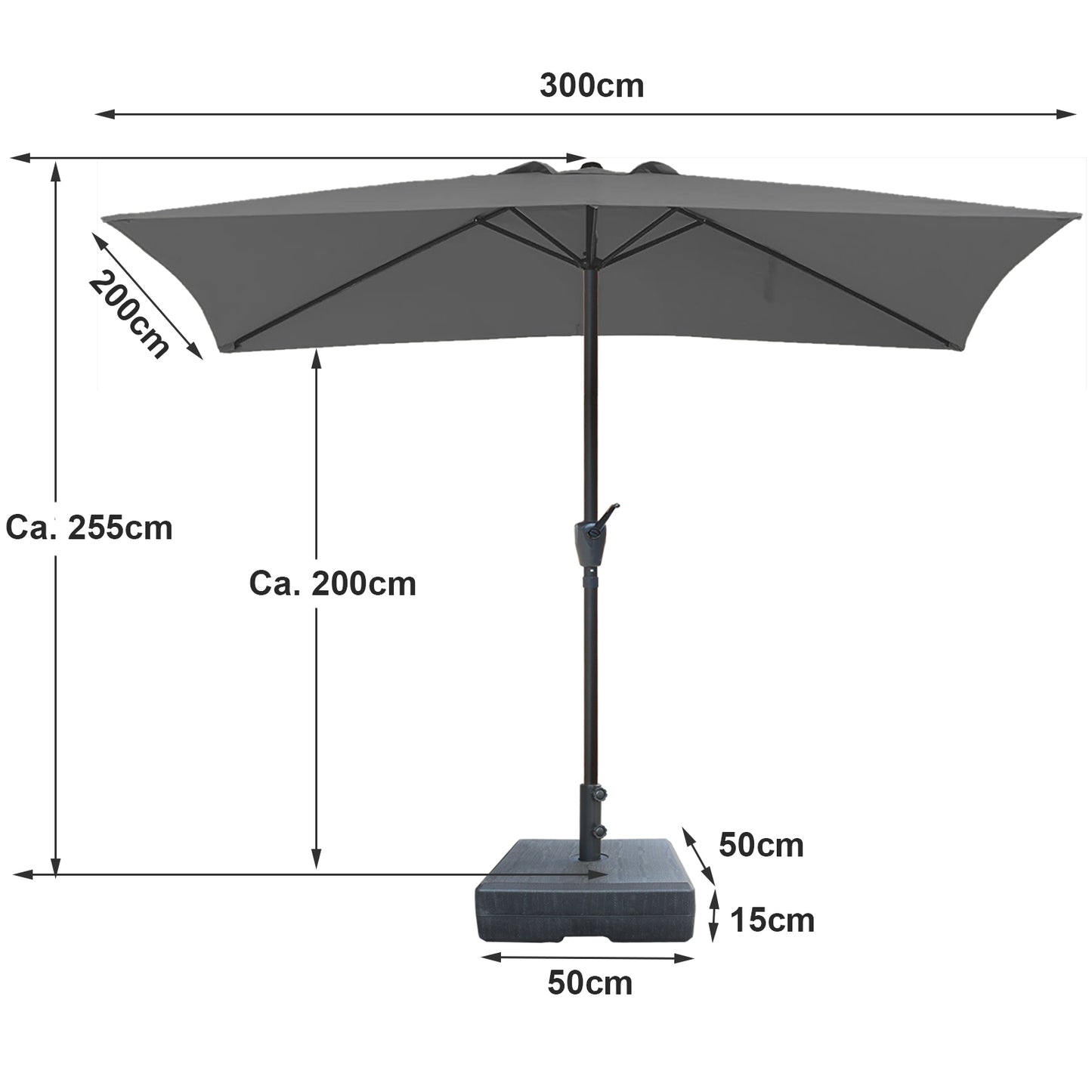 RANSENERS Kippbarer Sonnenschirm mit Schirmständer, Rechteckig 200 x 300 cm Gartenschirm, UV-Schutz UPF50+ (Grau)