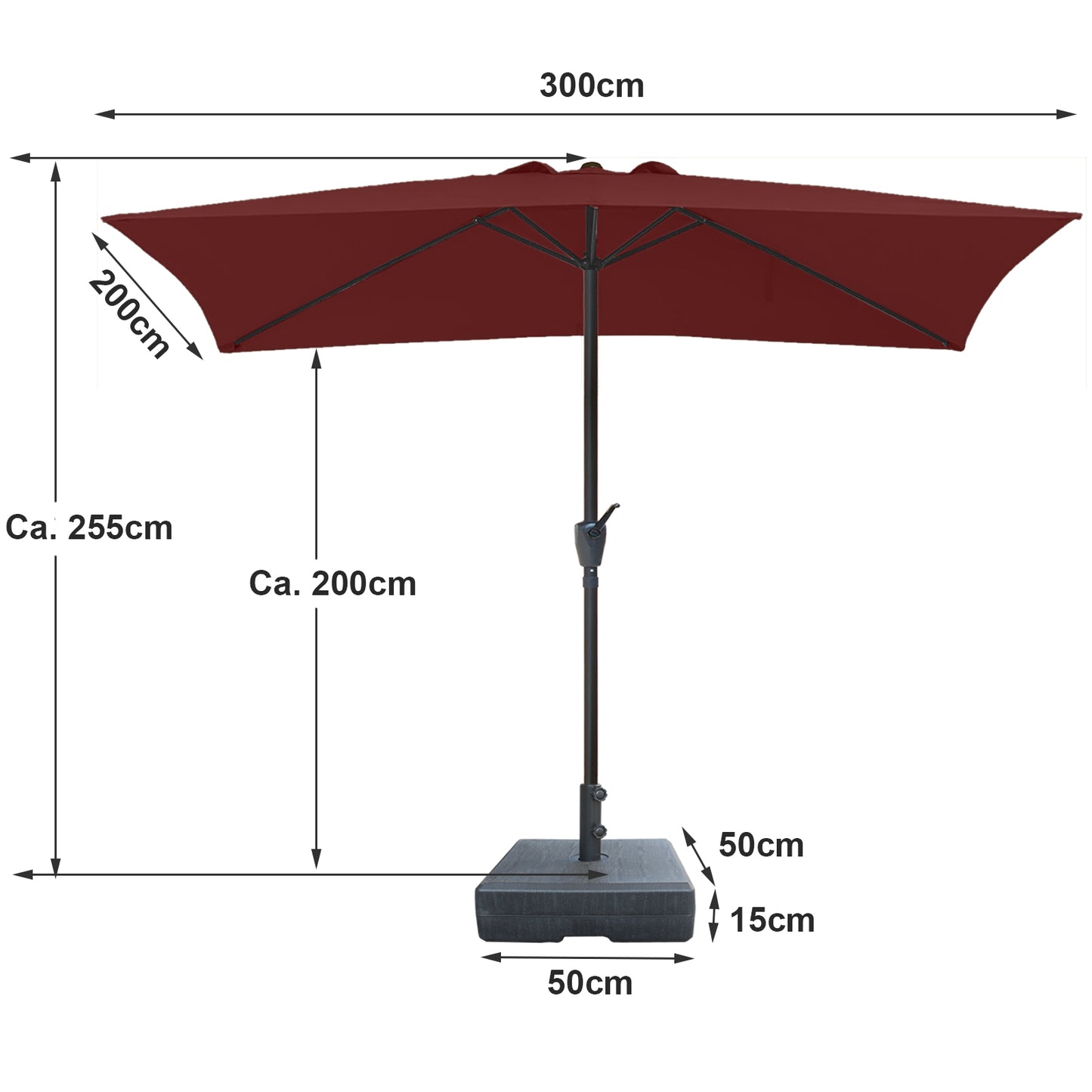 RANSENERS Kippbarer Sonnenschirm mit Schirmständer, Rechteckig 200 x 300 cm Gartenschirm, UV-Schutz UPF50+ (Rotwein)
