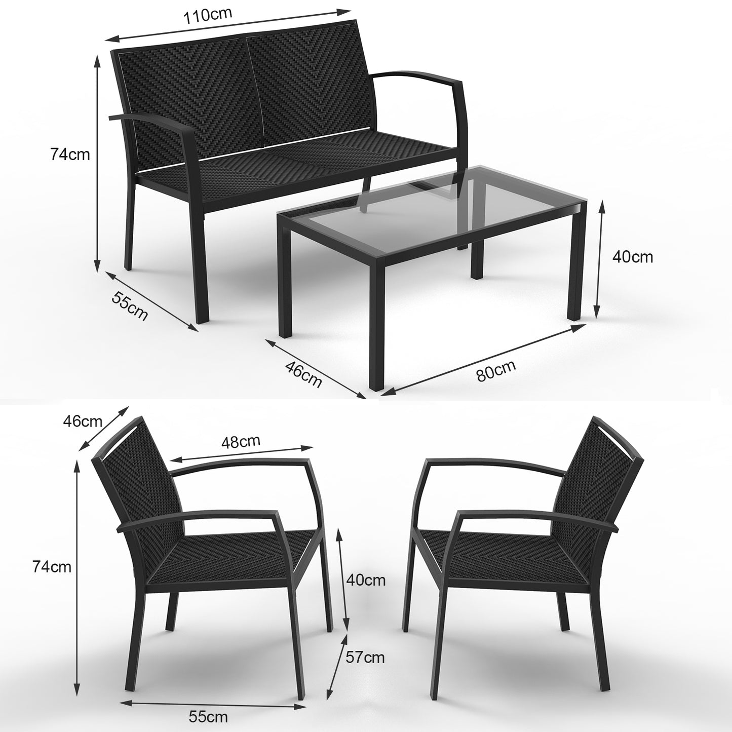 RANSENERS 4-Teilig Premium Gartenmöbelset mit Metallrahmen und Polyrattan Sitzfläche für Garten Terrasse und Balkon (Schwarz)