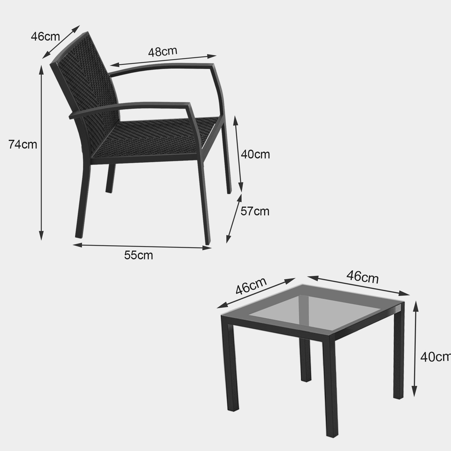 RANSENERS Balkonset mit 2 Stühlen und Tisch, Bistroset mit Legierter Stahl Rahmen und Polyrattan Sitzfläche für innen und außen