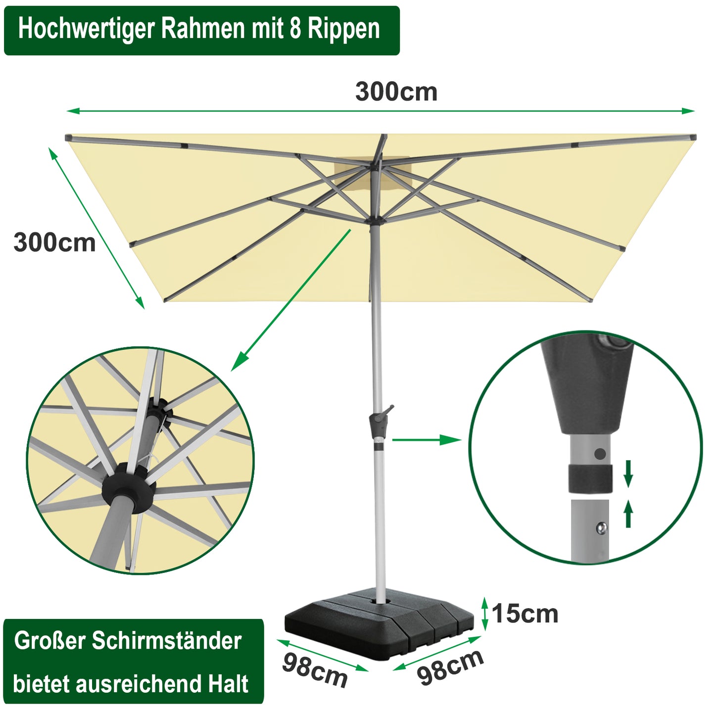 RANSENERS Premium Sonnenschirm mit Schirmständer, Quadratisch 300 x 300 cm Gartenschirm, UV-Schutz UPF50+ (Creme)