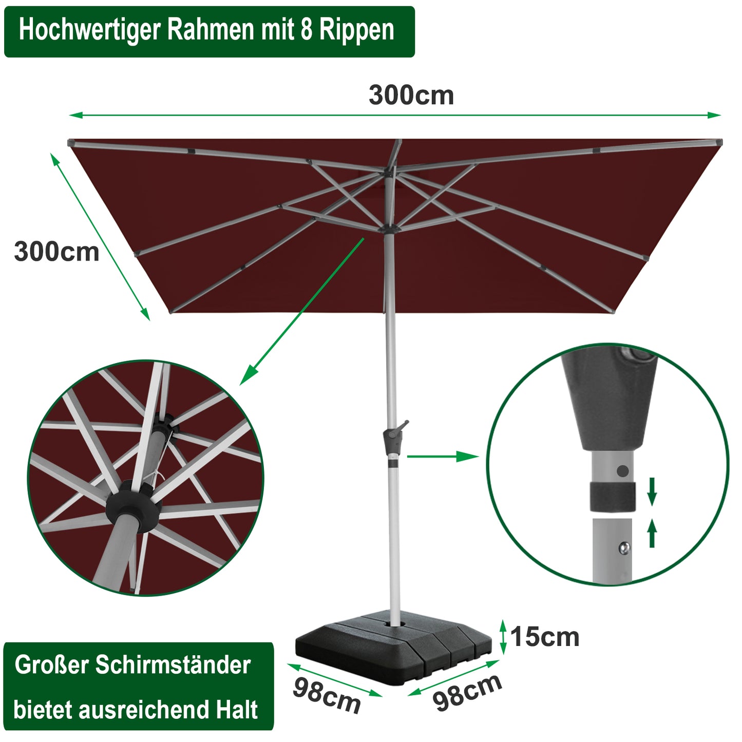 RANSENERS Premium Sonnenschirm mit Schirmständer, Quadratisch 300 x 300 cm Gartenschirm, UV-Schutz UPF50+ (Rotwein)