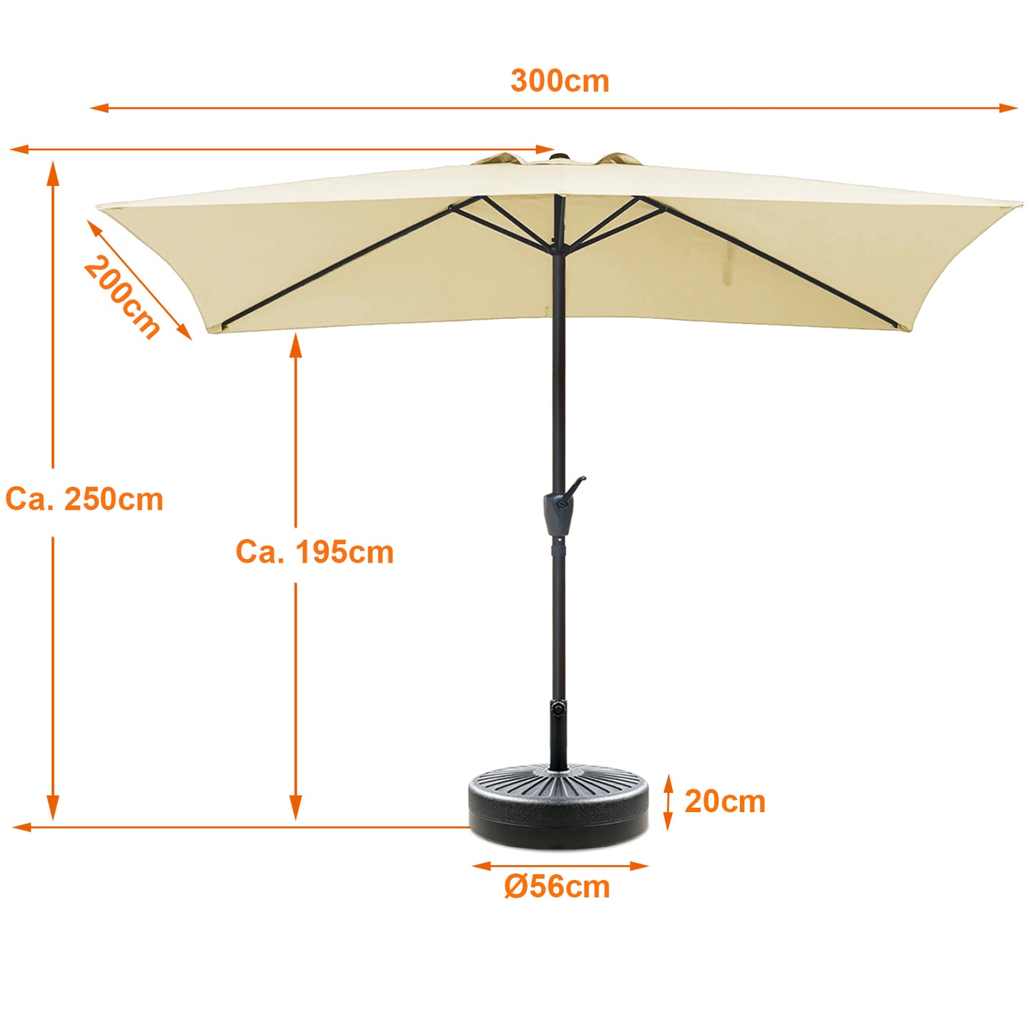 RANSENERS Kippbarer Sonnenschirm Rechteckig 200 x 300 cm mit Schirmständer, Schutzhülle Inklusive, 200g/㎡ Gewebe mit UV50+ für Garten, Terrasse, Kaffeehaus im Freien