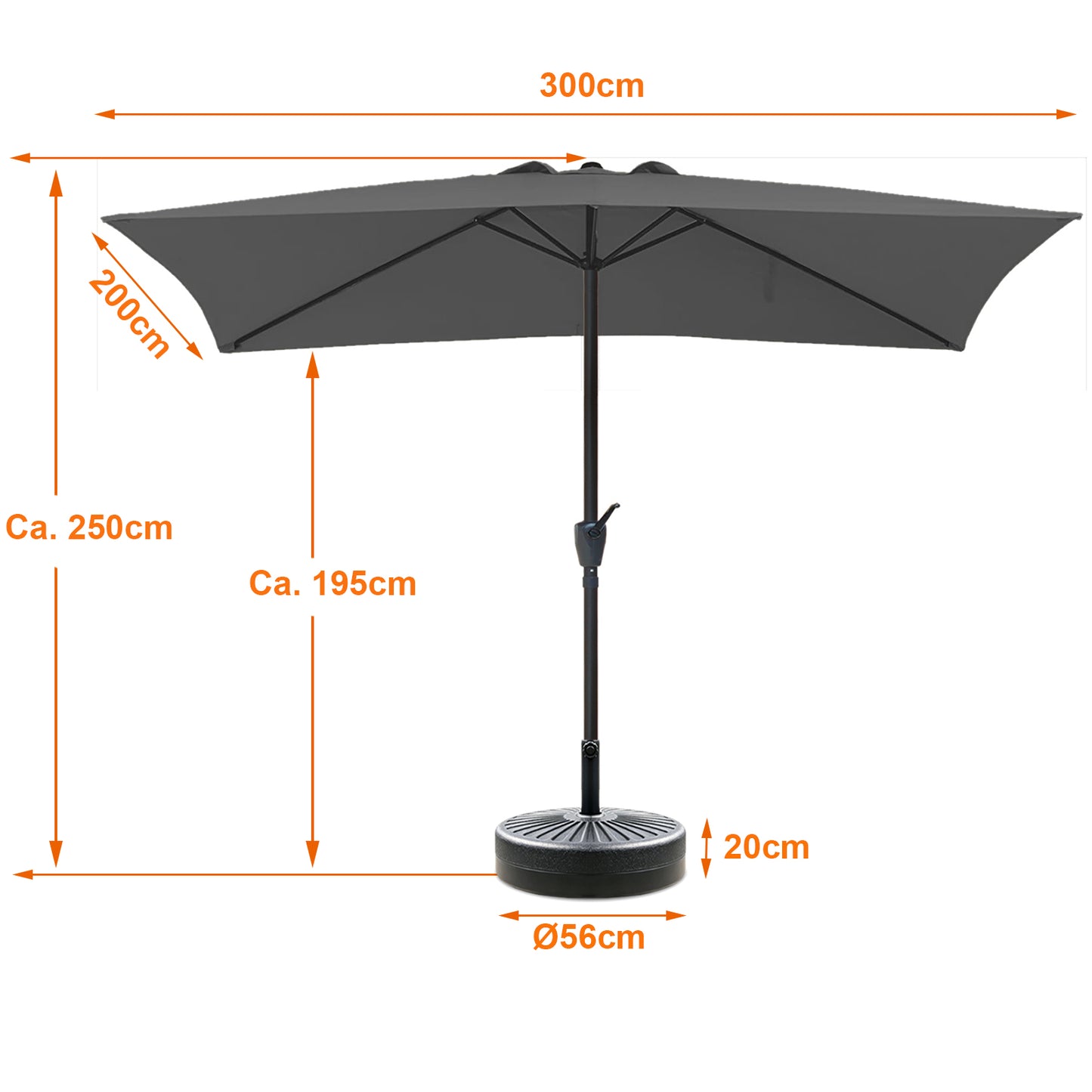 RANSENERS Kippbarer Sonnenschirm Rechteckig 200 x 300 cm mit Schirmständer, Schutzhülle Inklusive, 200g/㎡ Gewebe mit UV50+ für Garten, Terrasse, Kaffeehaus im Freien