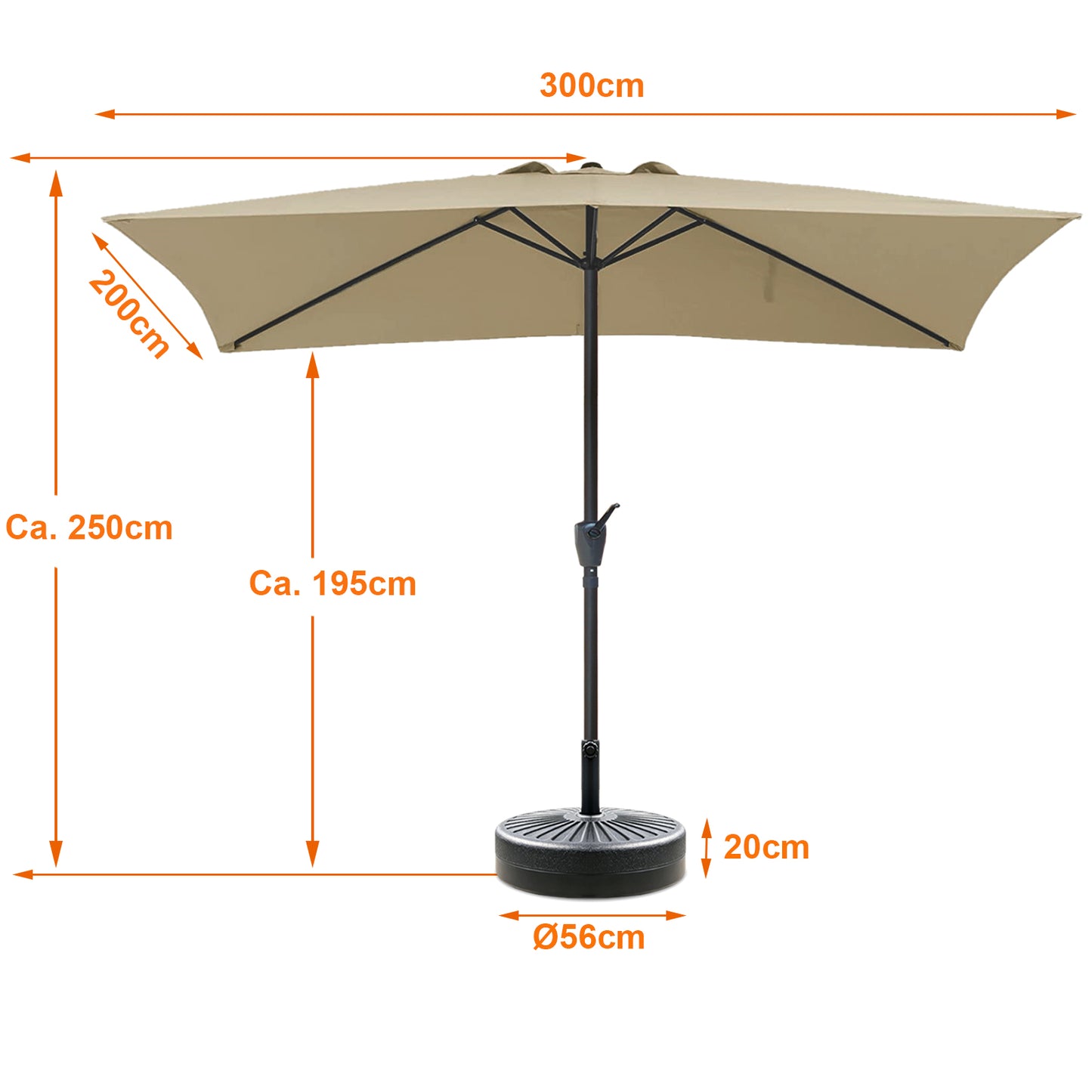 RANSENERS Kippbarer Sonnenschirm Rechteckig 200 x 300 cm mit Schirmständer, Schutzhülle Inklusive, Verstärkter Rahmen, 200g/㎡ Gewebe mit UV50+ für Garten, Terrasse, Kaffeehaus im Freien