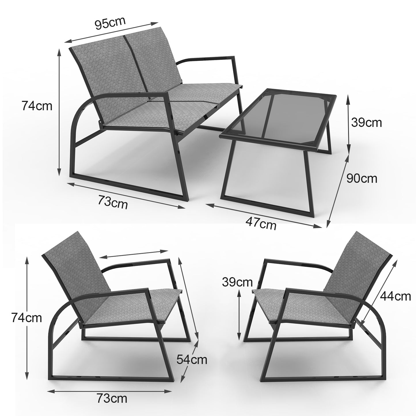 RANSENERS 4-Teilig Möbelset Sofagarnitur mit Doppelsofa Tisch und 2 Stühlen - Gartenmöbelset mit Legierter Stahl Rahmen und Polyrattan Sitzfläche für innen und außen